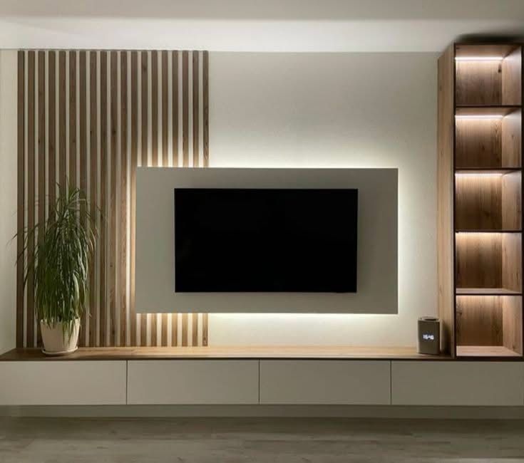 Floating TV Unit with Wood Slat Feature