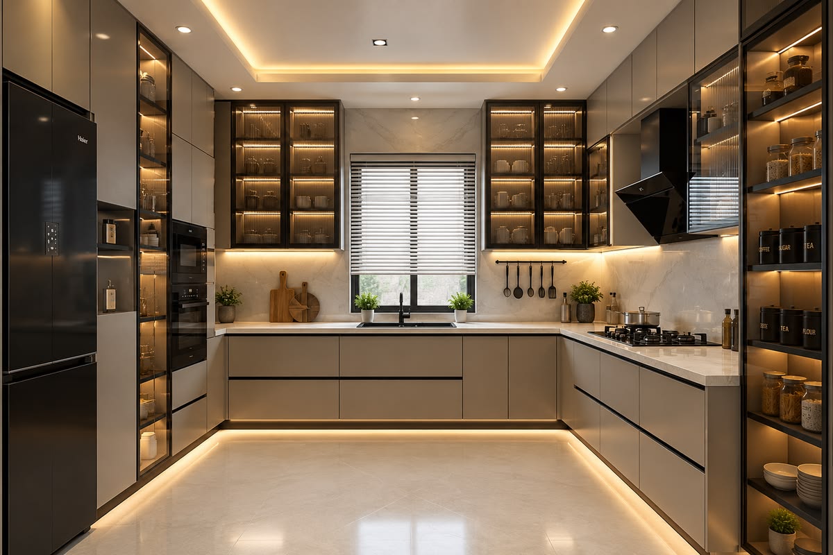 Set Rendering Kitchen Modern U-Shaped Luxury Kitchen Cabinet Set with Glass Display Towers ...