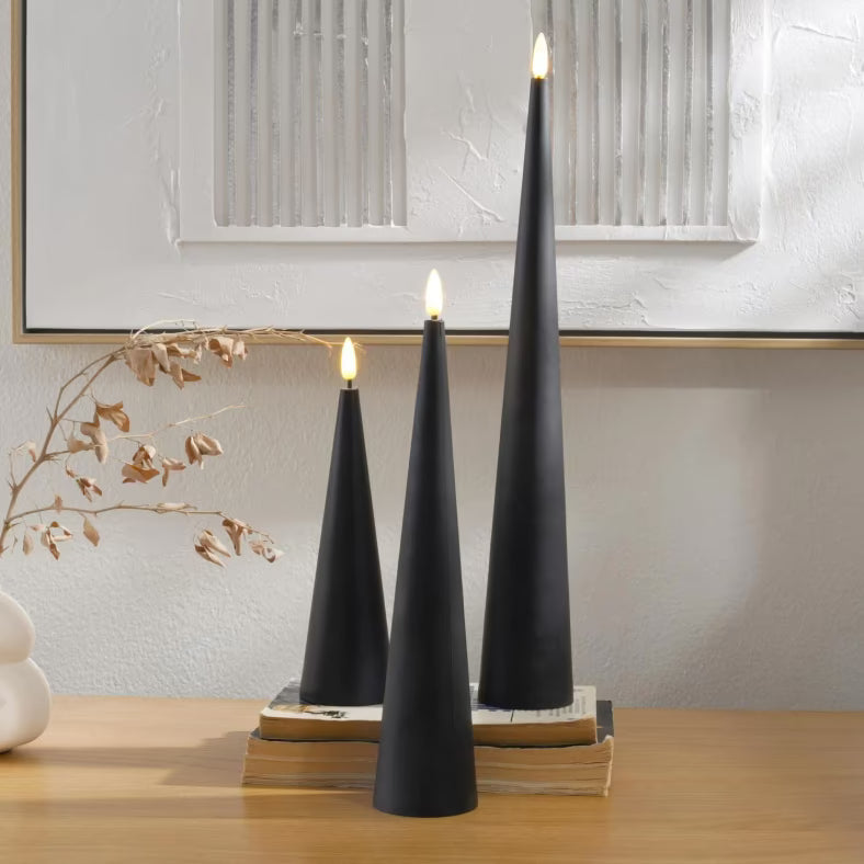 Modern Matte Black Conical LED Taper Candles - Set of 3
