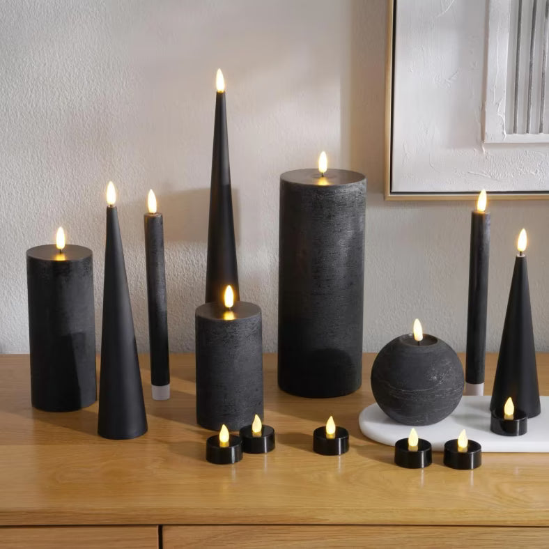Modern Matte Black Conical LED Taper Candles - Set of 3