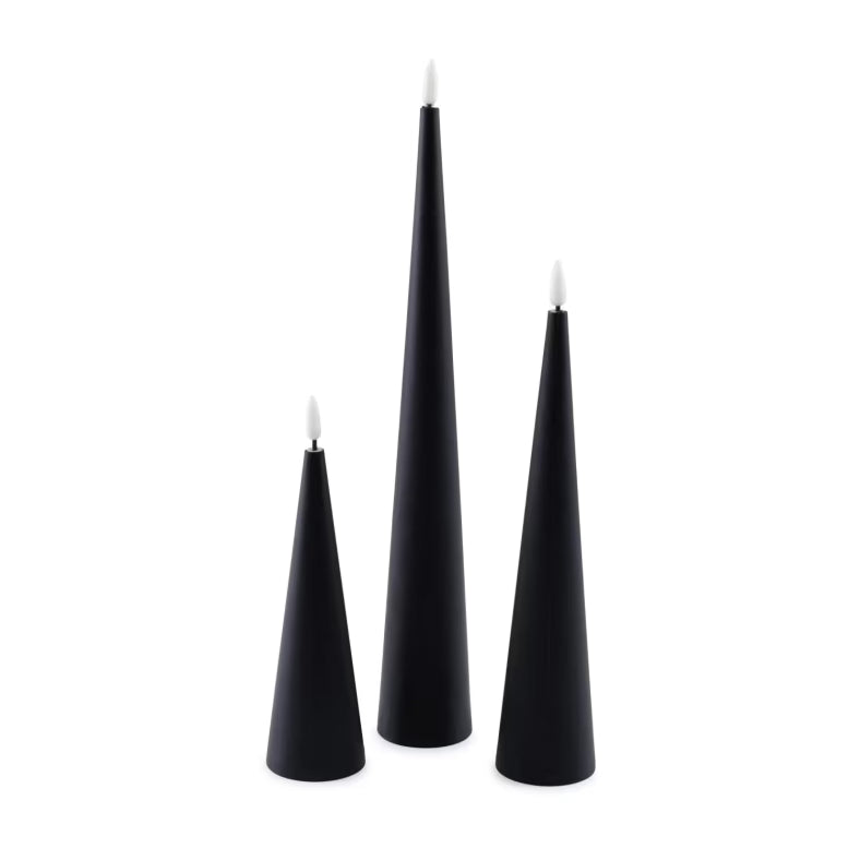 Modern Matte Black Conical LED Taper Candles - Set of 3