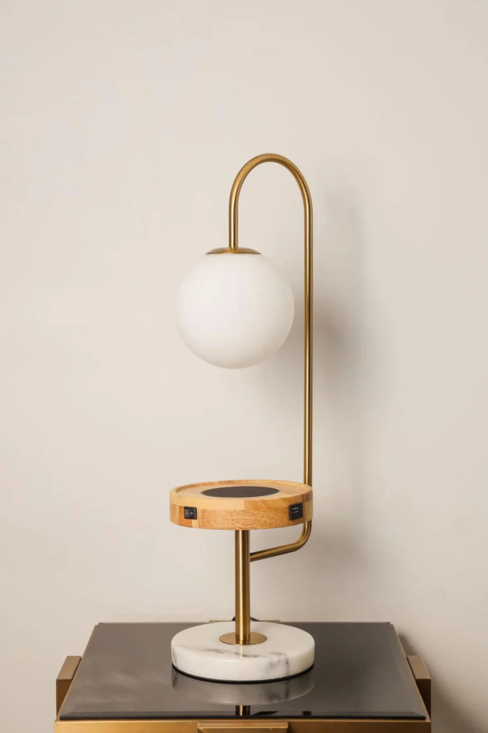 Modern Brass & Marble Globe Table Lamp with Wireless Charging Tray