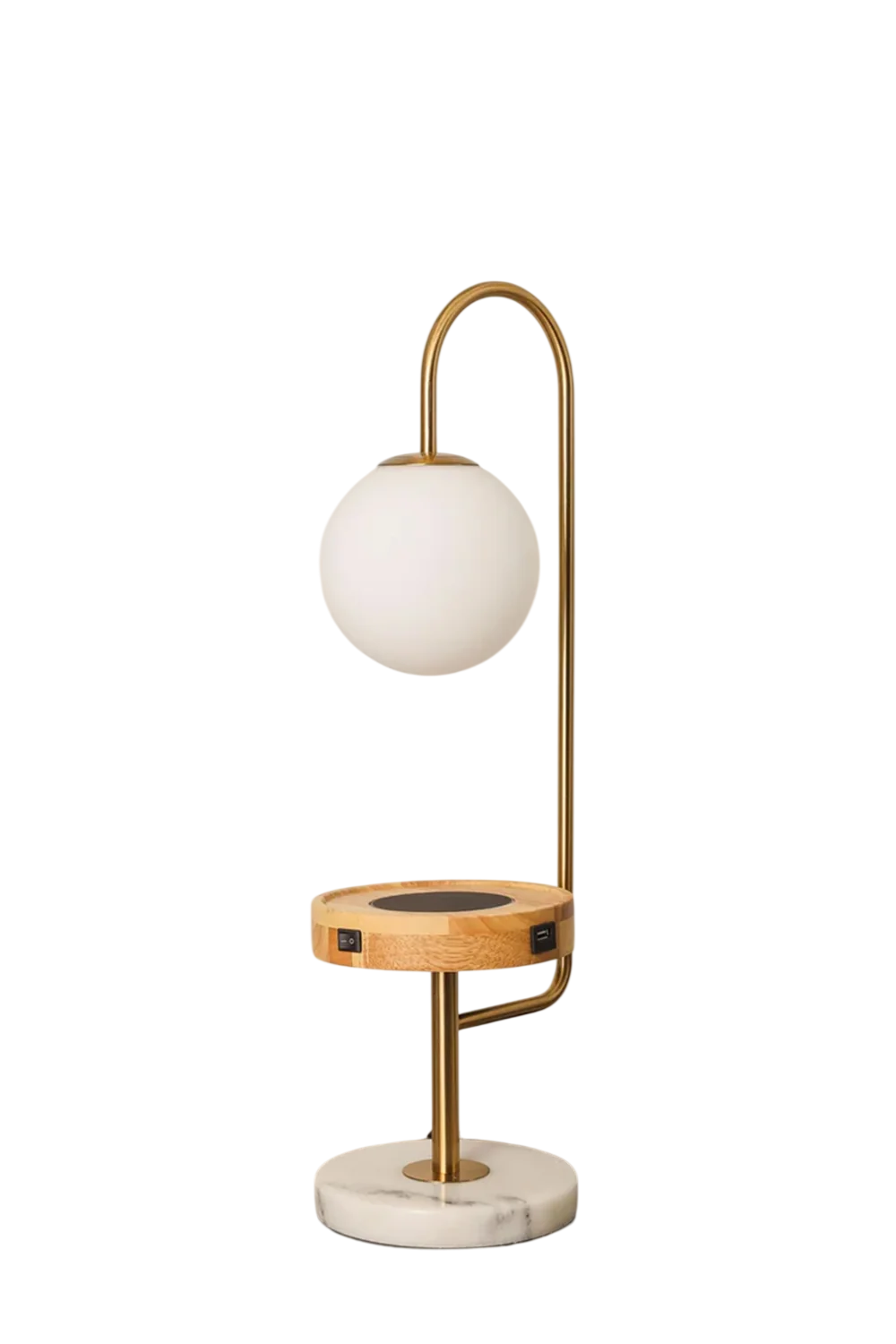Modern Brass & Marble Globe Table Lamp with Wireless Charging Tray