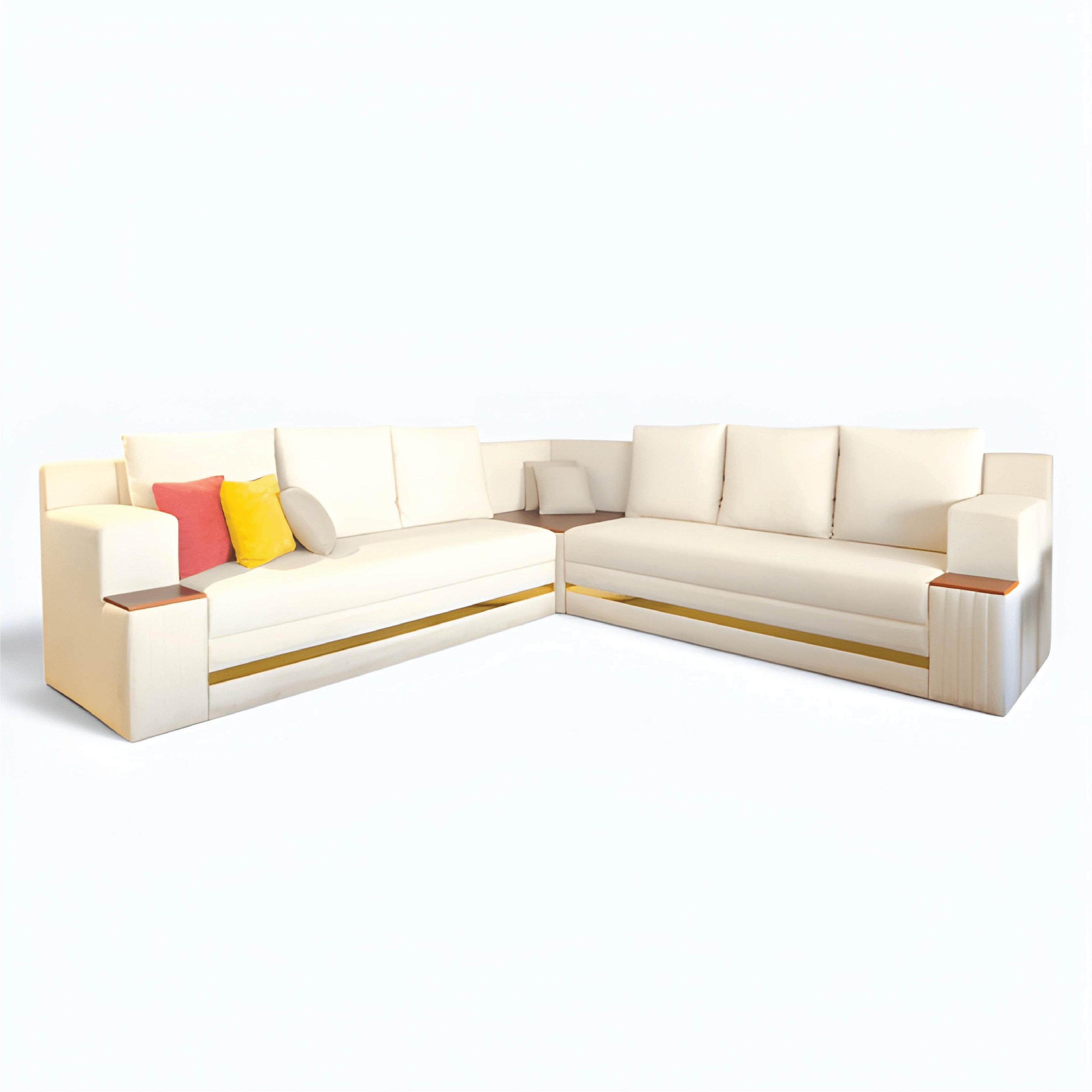 Modern L‑Shaped Cream Sofa with Wooden Armrests