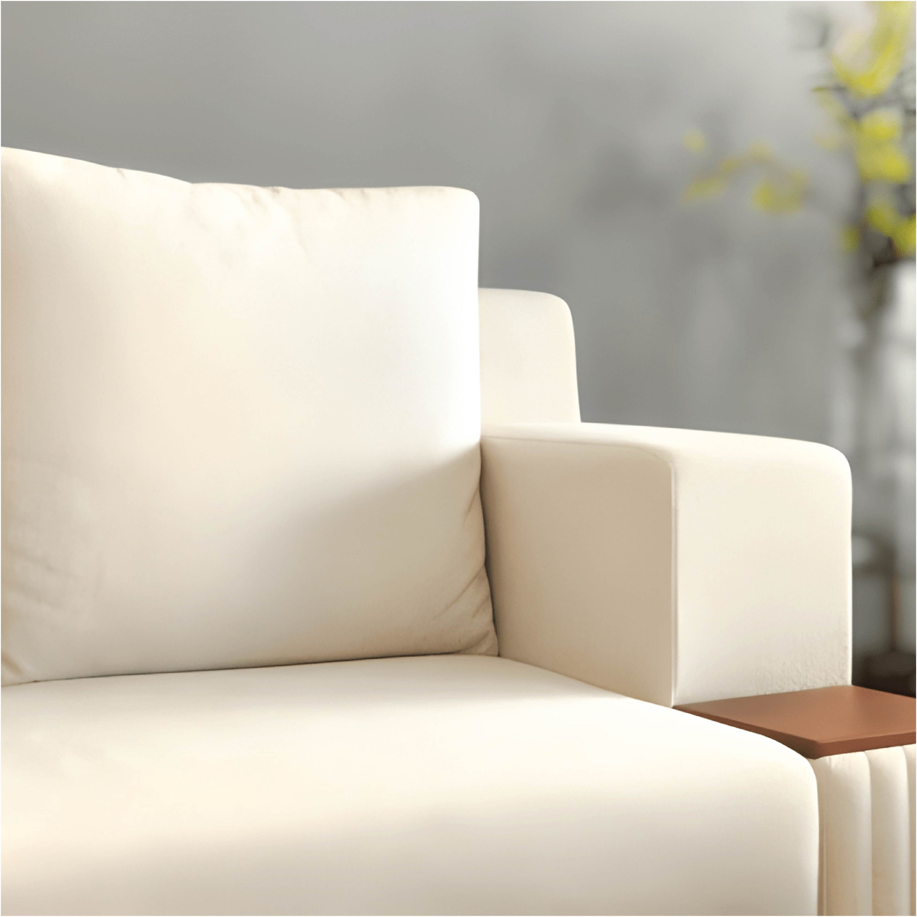 Modern L‑Shaped Cream Sofa with Wooden Armrests