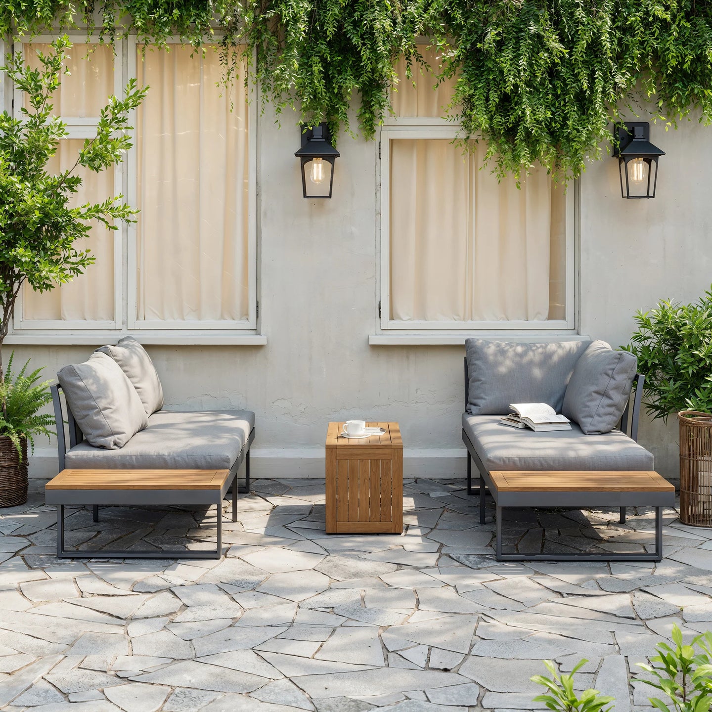 Gimly Outdoor Iroko wood & Steel Modular Sofa Set in Dark Gray