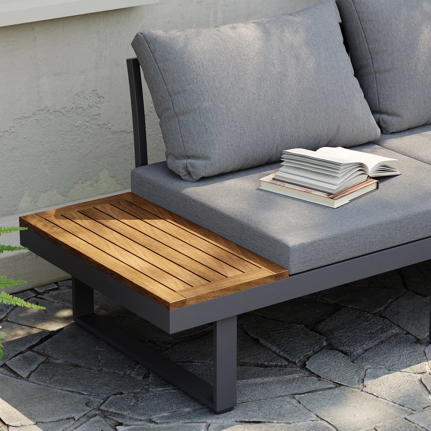 Gimly Outdoor Iroko wood & Steel Modular Sofa Set in Dark Gray