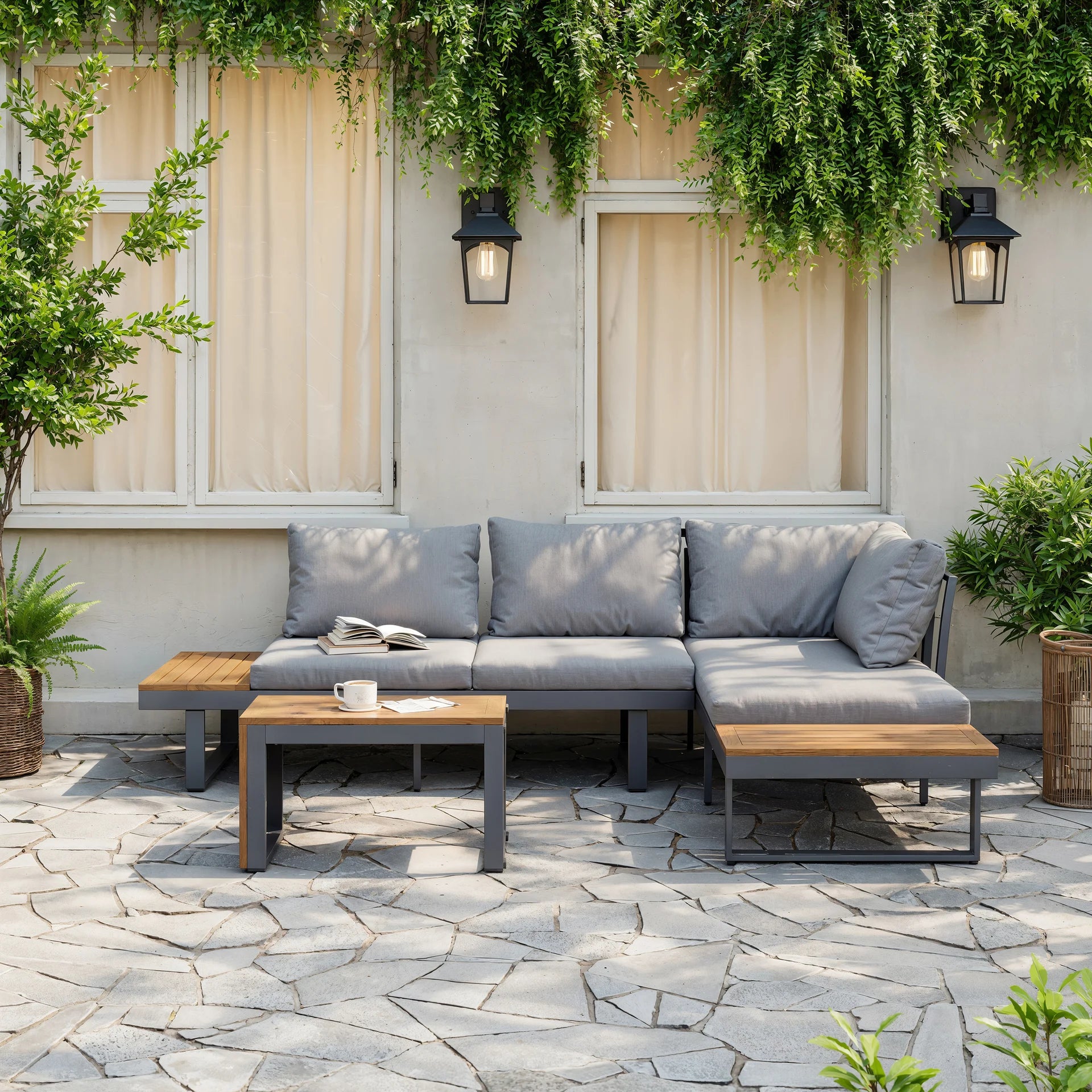 Gimly Outdoor Iroko wood & Steel Modular Sofa Set in Dark Gray