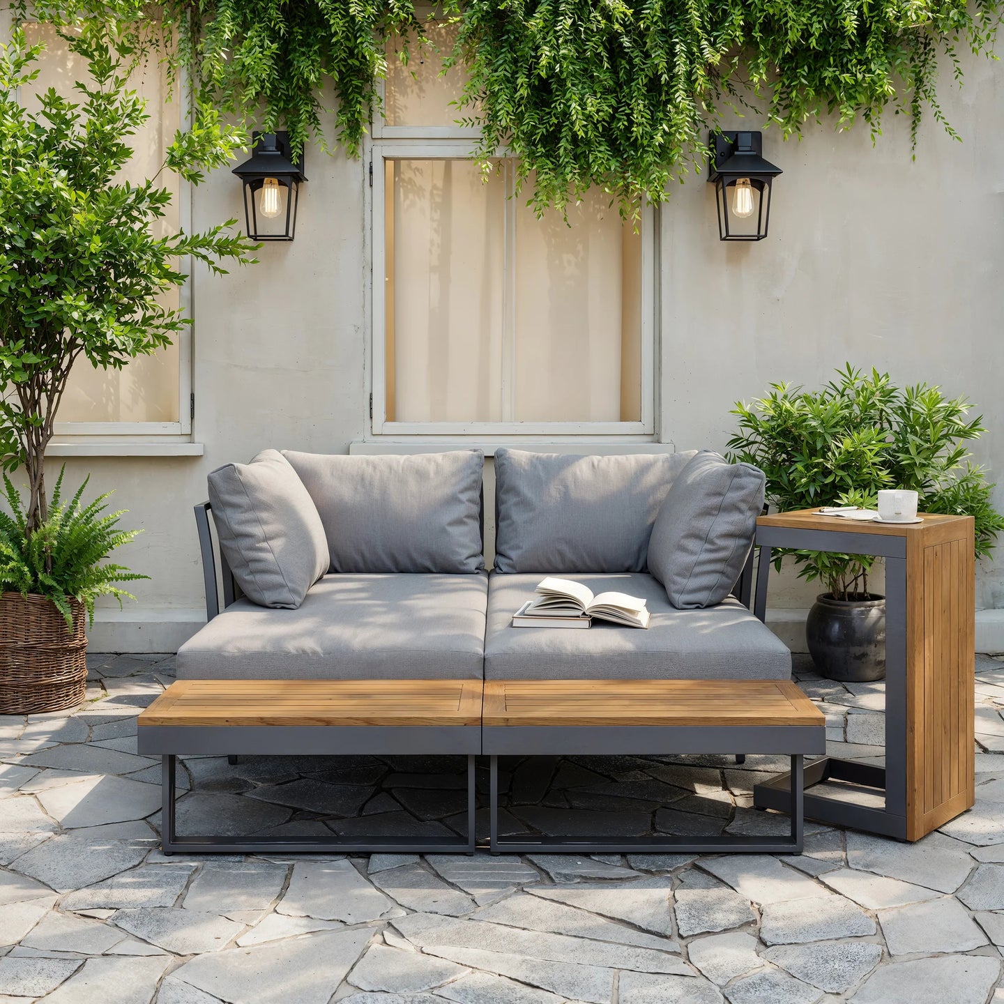 Gimly Outdoor Iroko wood & Steel Modular Sofa Set in Dark Gray