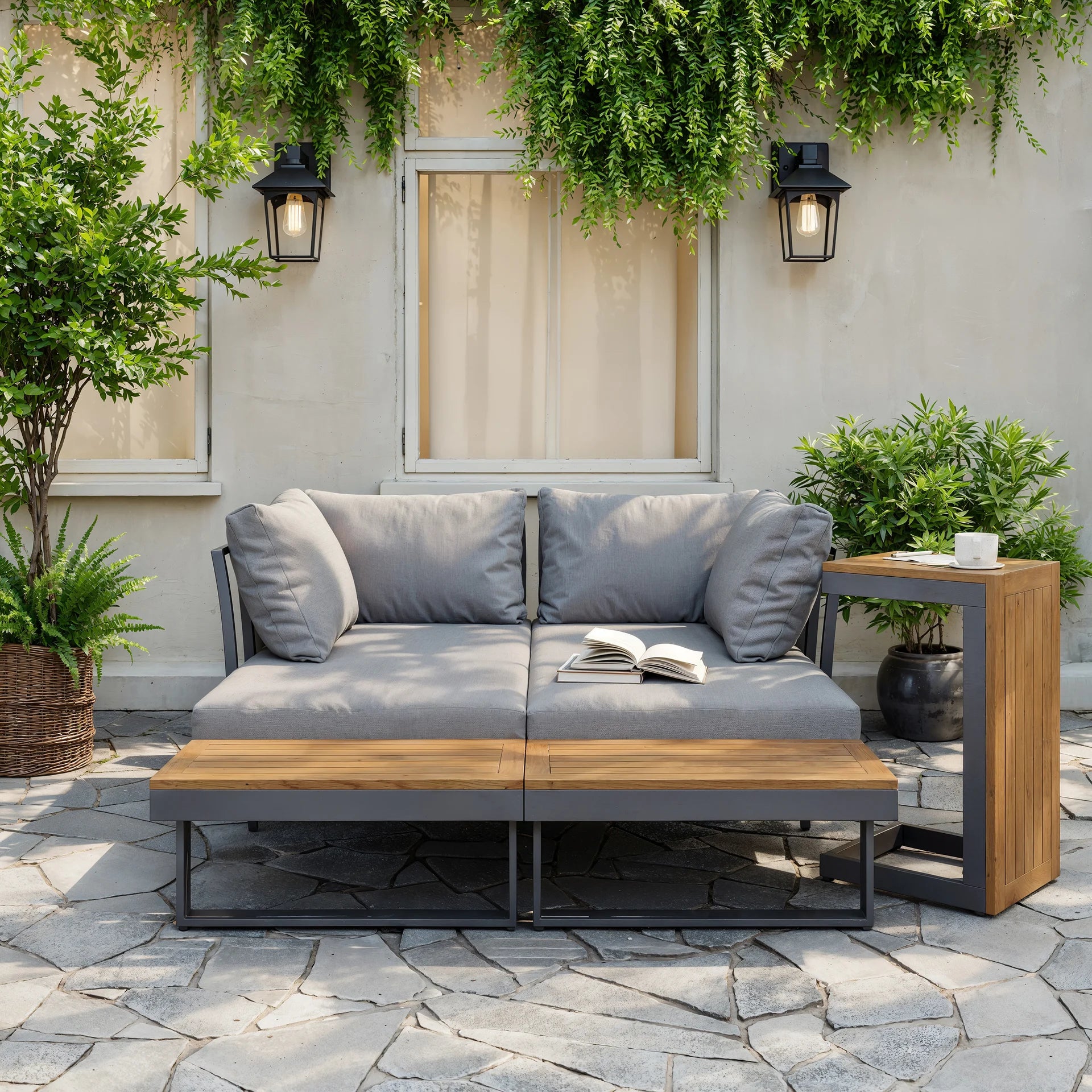 Gimly Outdoor Iroko wood & Steel Modular Sofa Set in Dark Gray