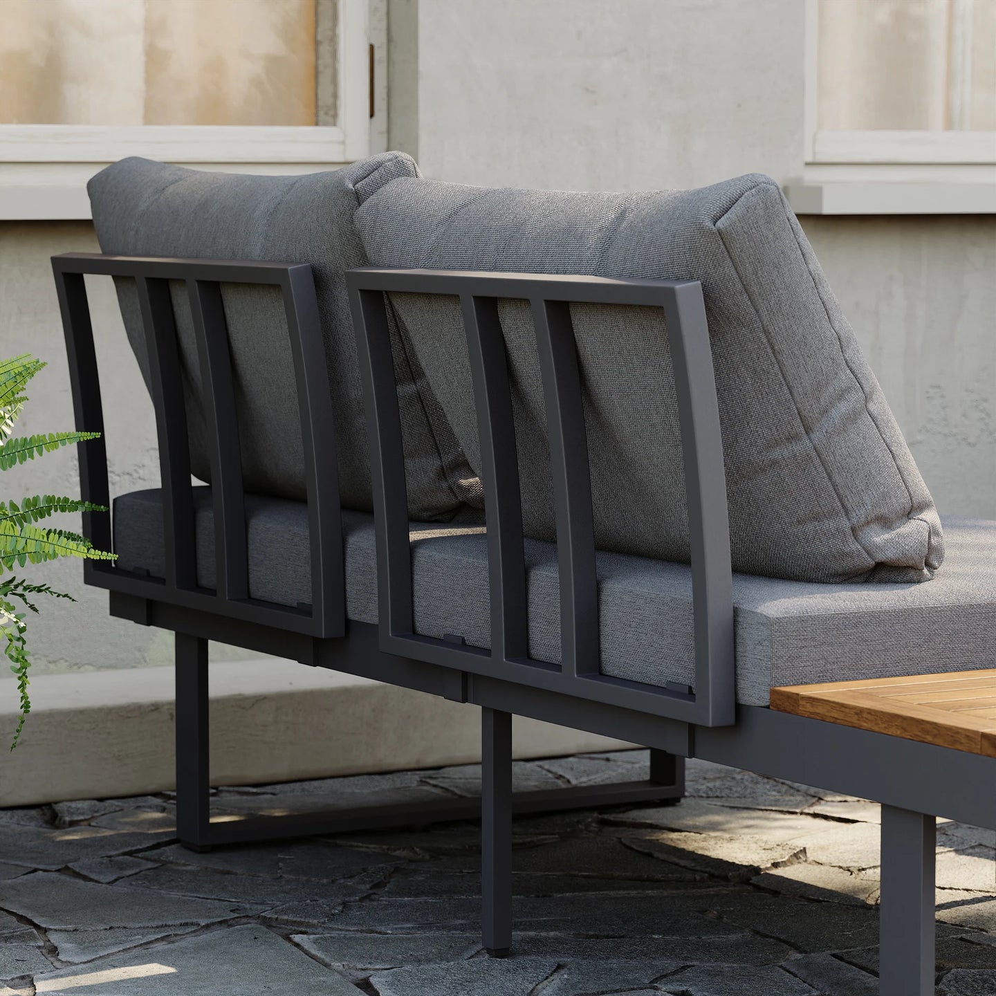 Gimly Outdoor Iroko wood & Steel Modular Sofa Set in Dark Gray