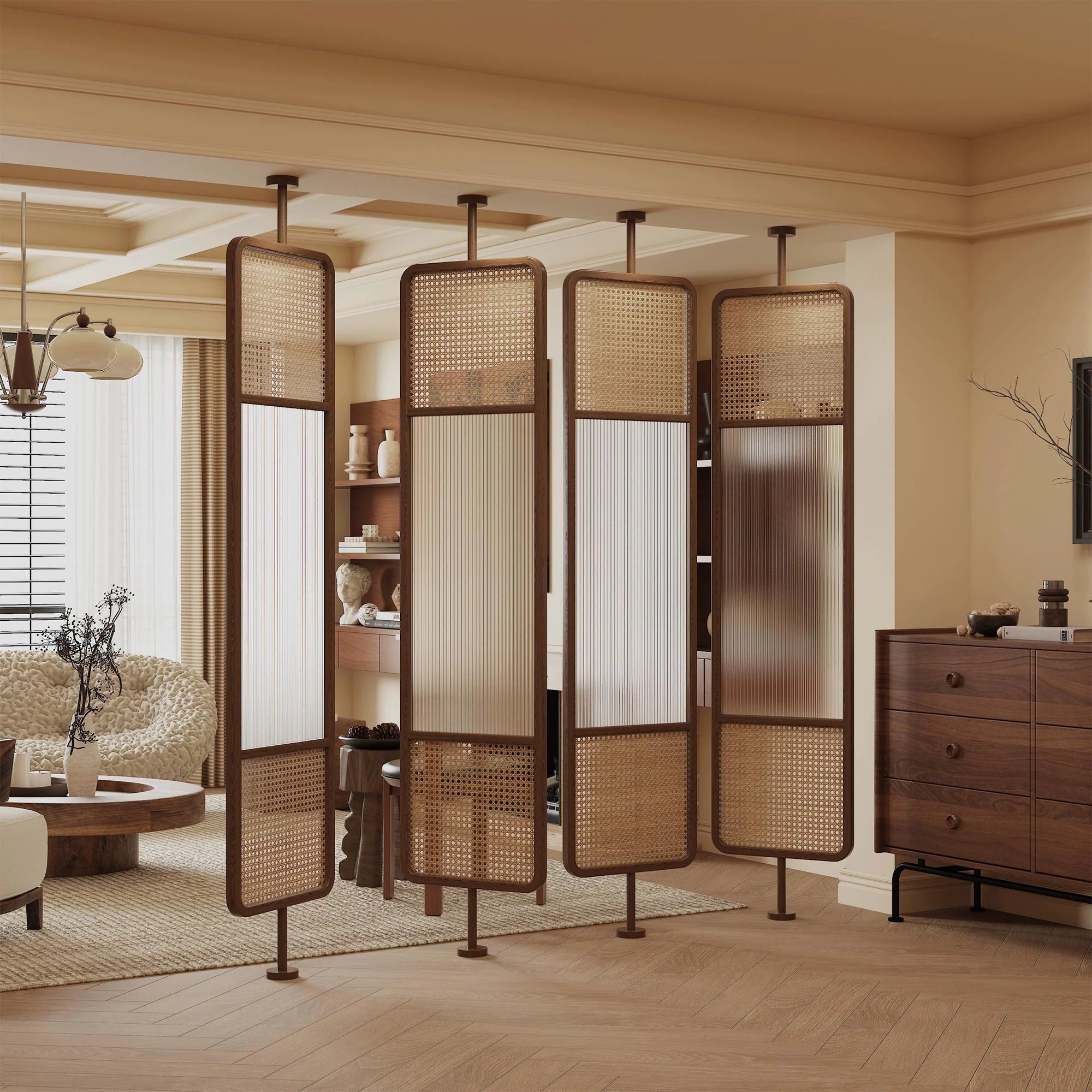 Mesh Fluted Glass Cane Privacy Screen | One Piece Partition
