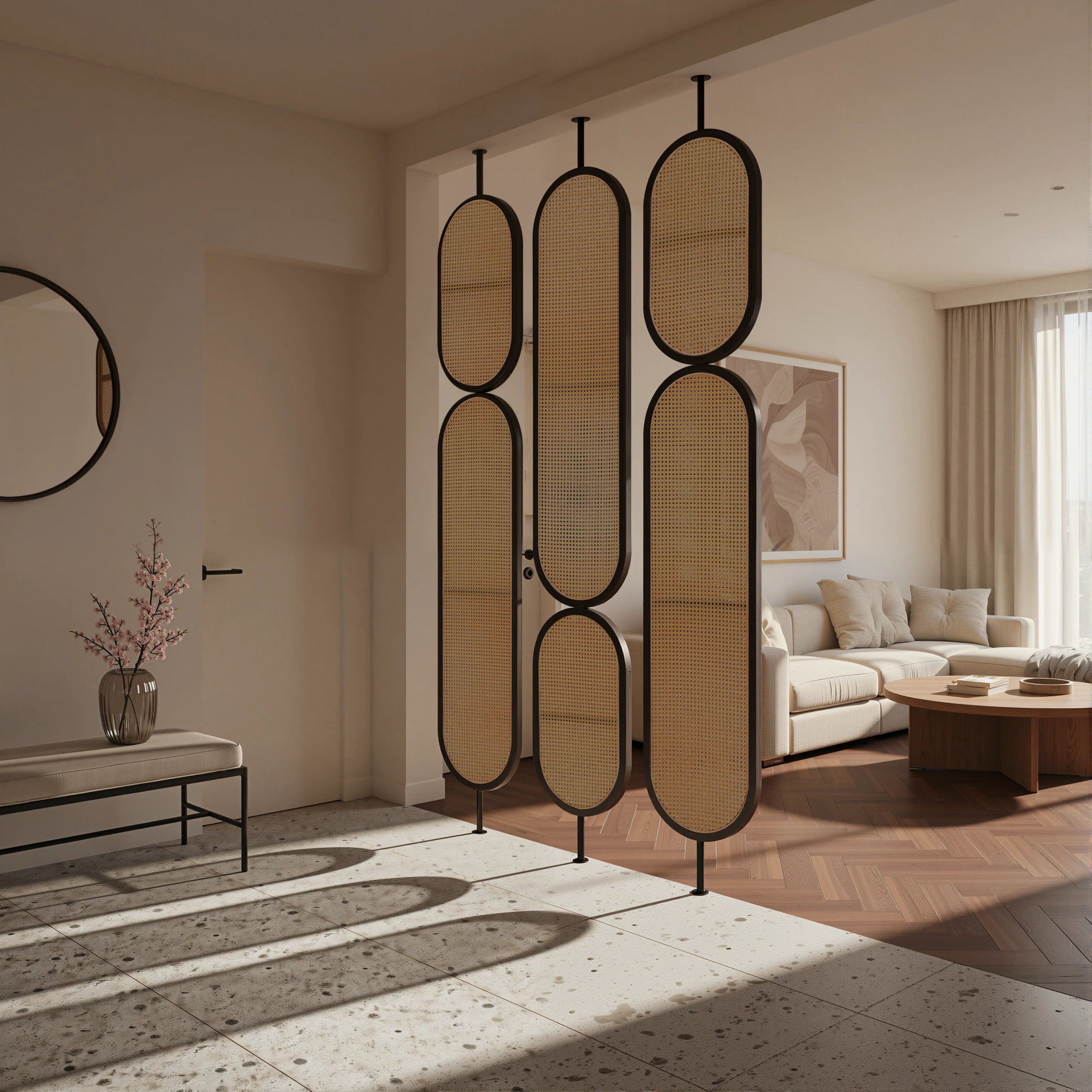 Double Oval Rattan Cane Webbing Wood Panel | One Piece Partition