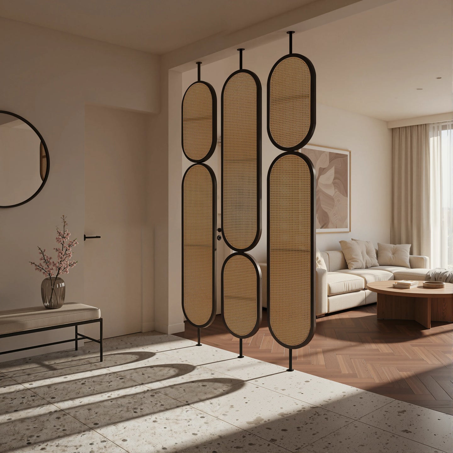 Double Oval Rattan Cane Webbing Wood Panel | One Piece Partition