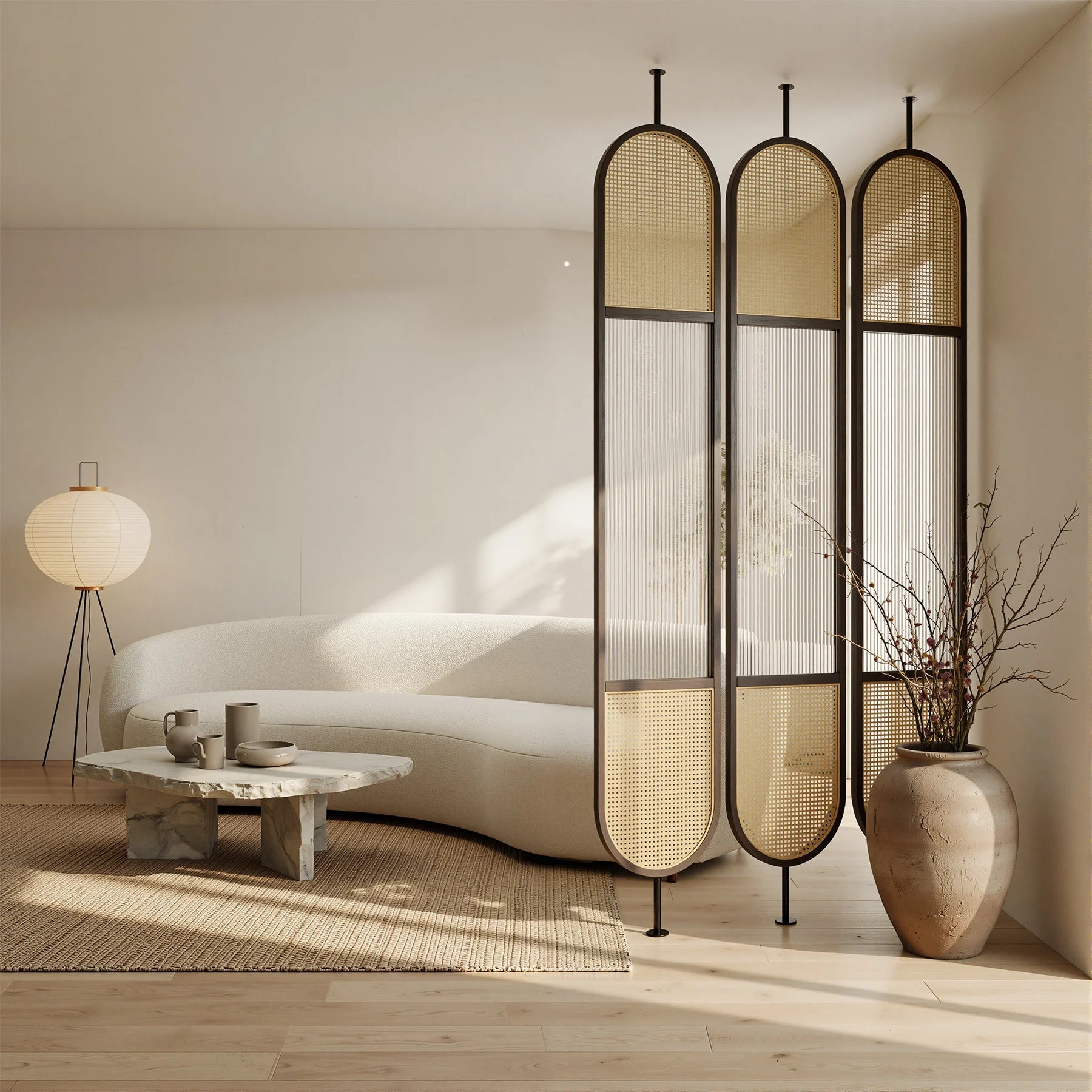 Normer Fluted Glass Cane Privacy Screen | Room Divider
