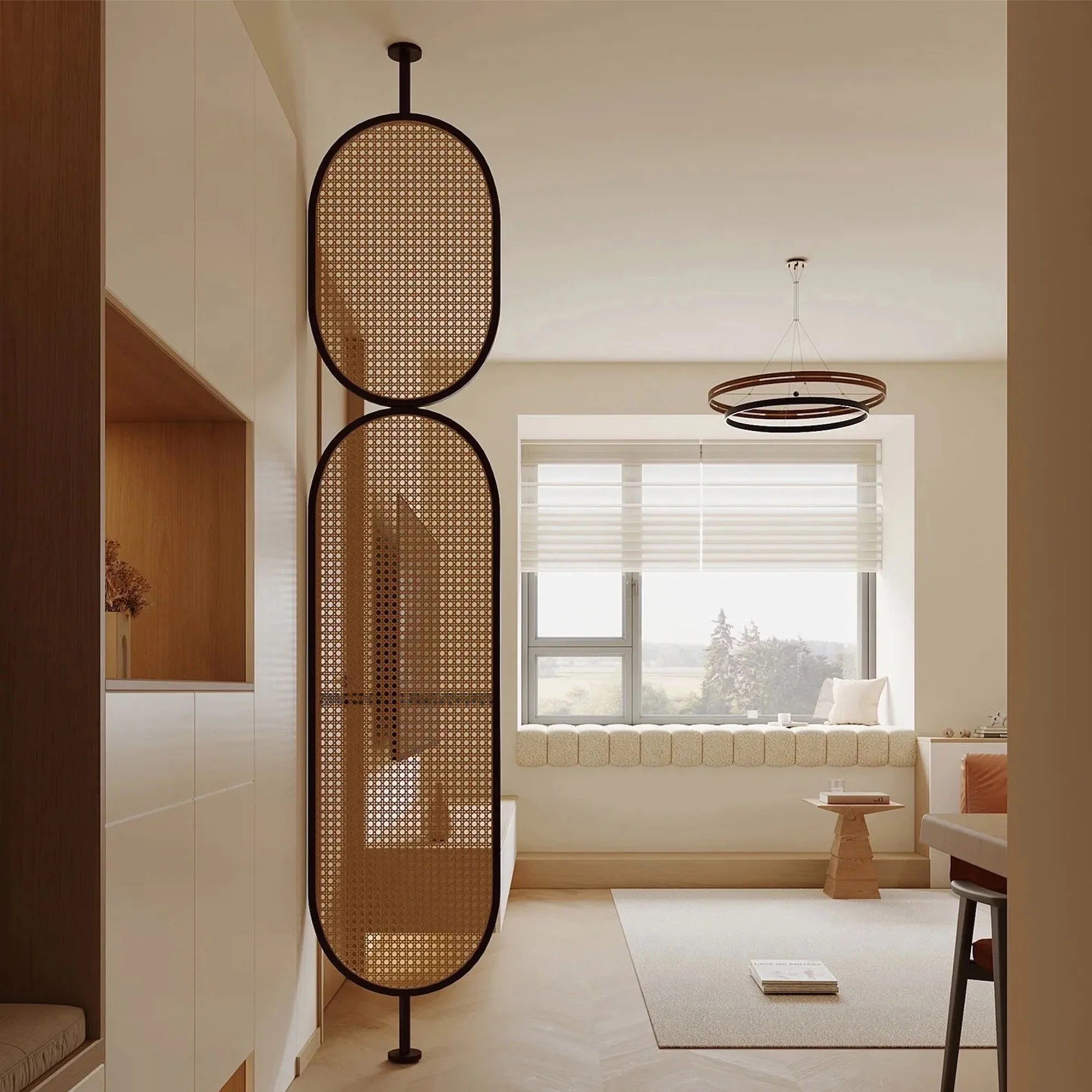 Double Oval Rattan Cane Webbing Wood Panel | One Piece Partition