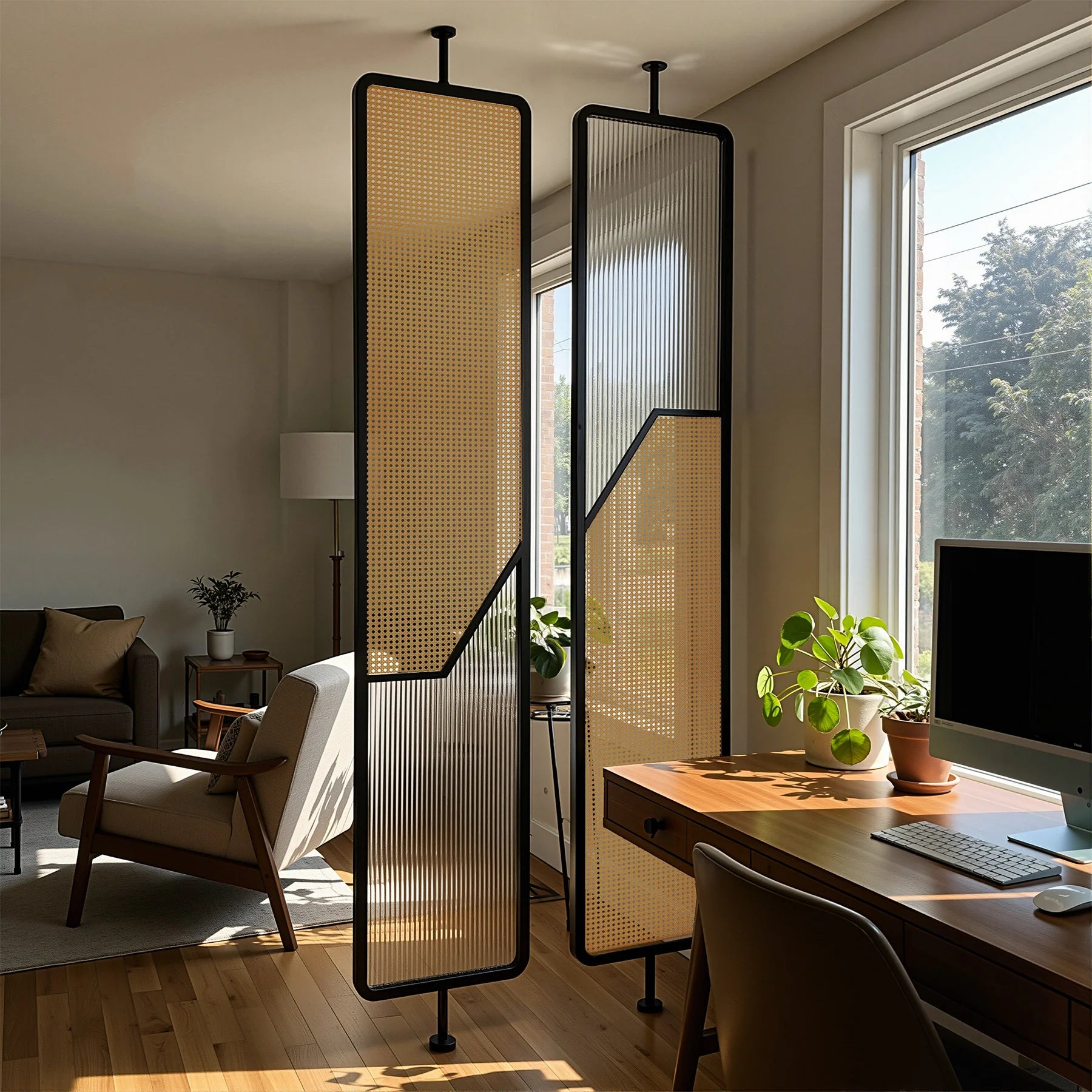 Stainless Steel Frame Rattan Webbing Glass Panel |  One Piece Partition