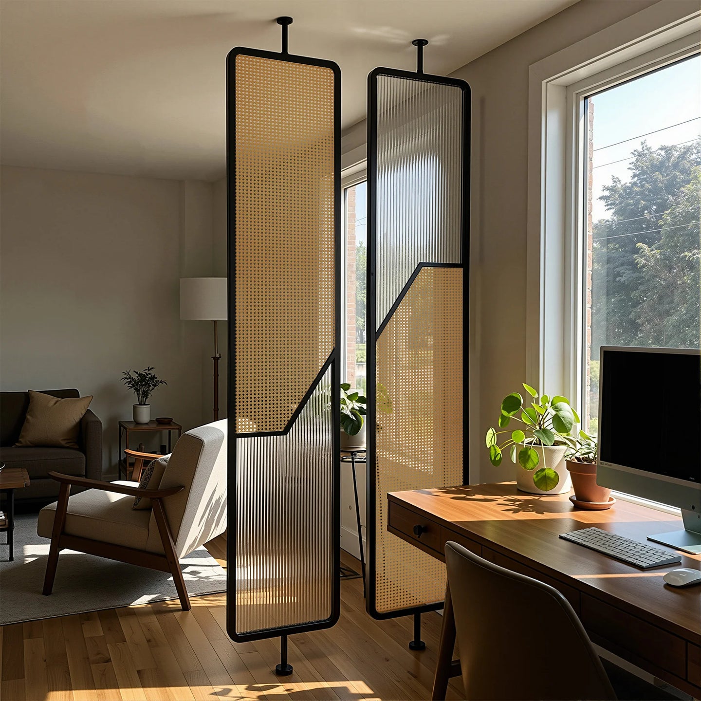 Stainless Steel Frame Rattan Webbing Glass Panel |  One Piece Partition
