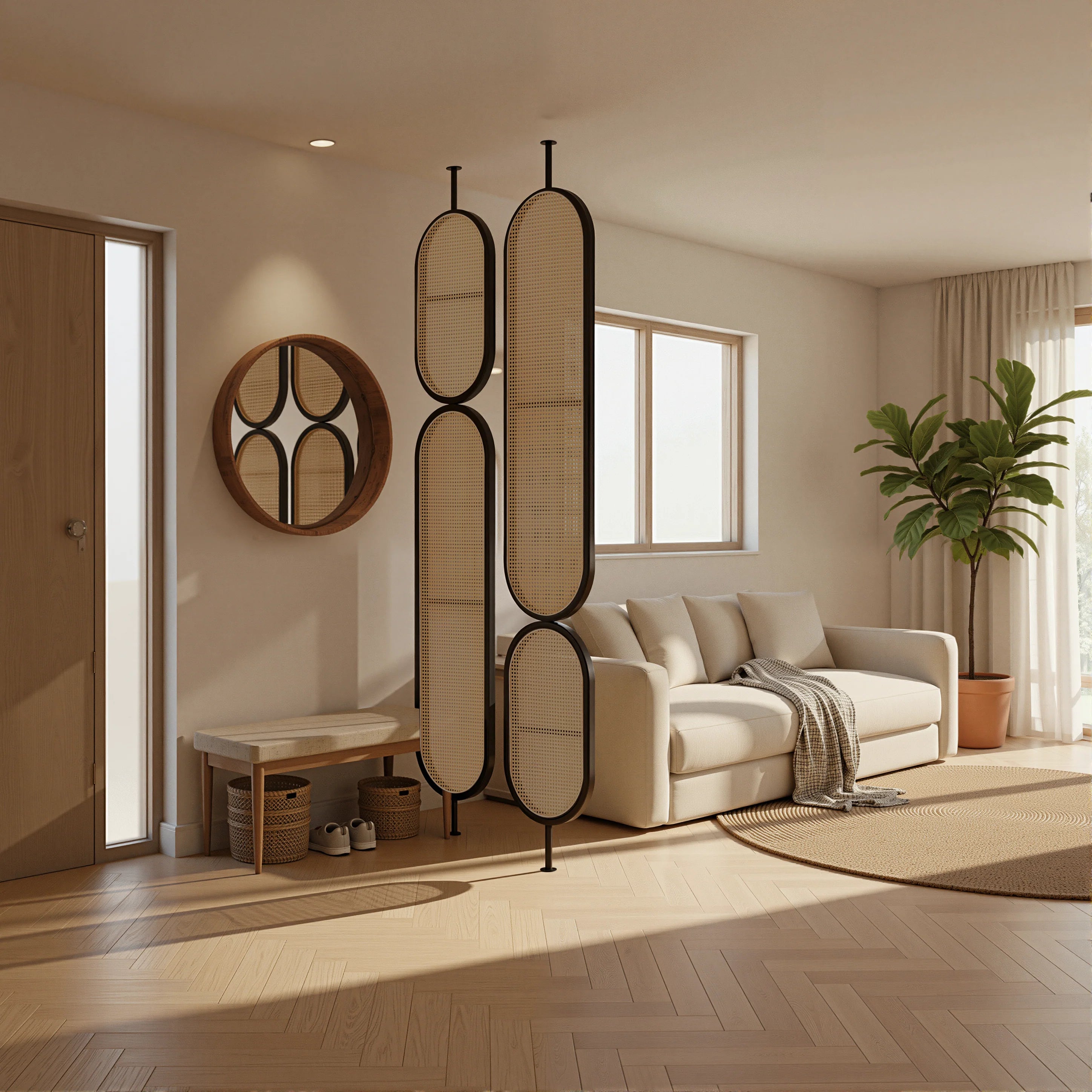 Double Oval Rattan Cane Webbing Wood Panel | One Piece Partition