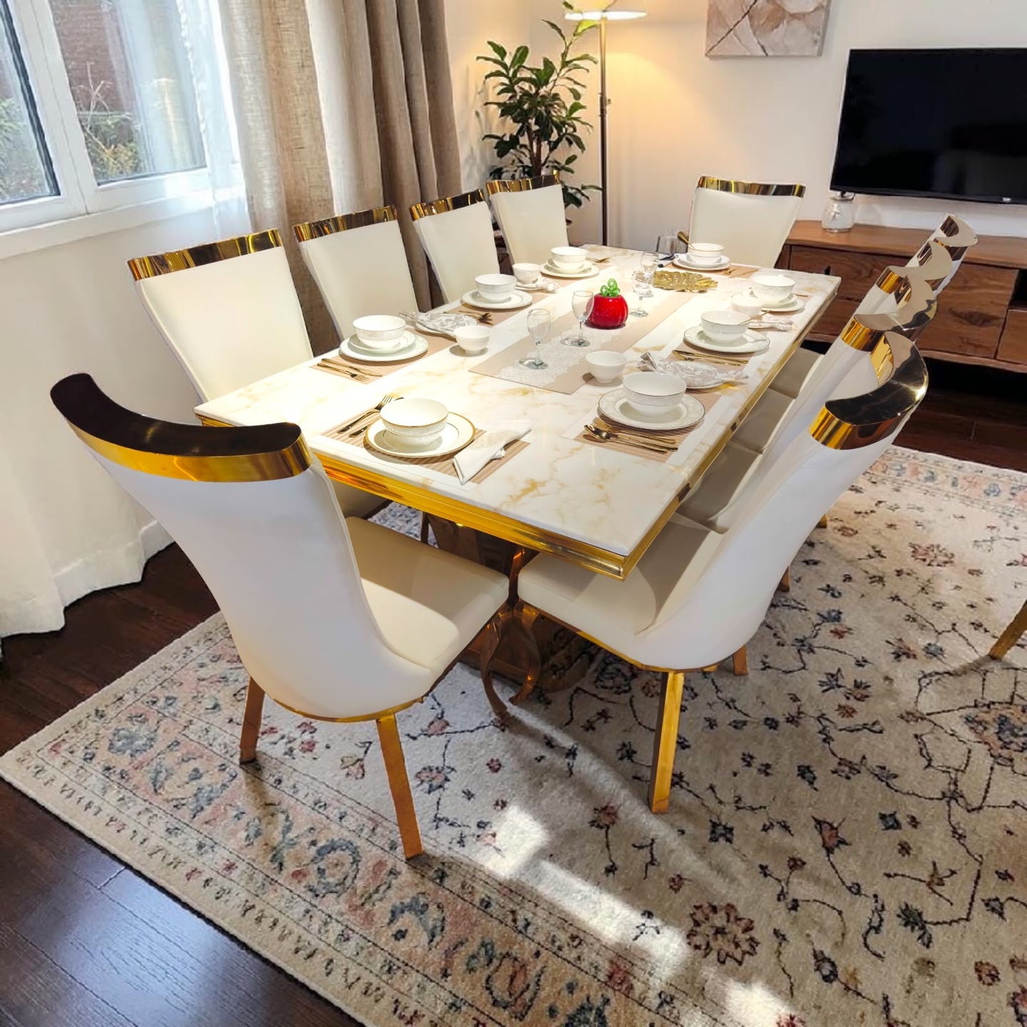 Imperial Marble Dining Set – Gold Luxe Edition with 7 seater