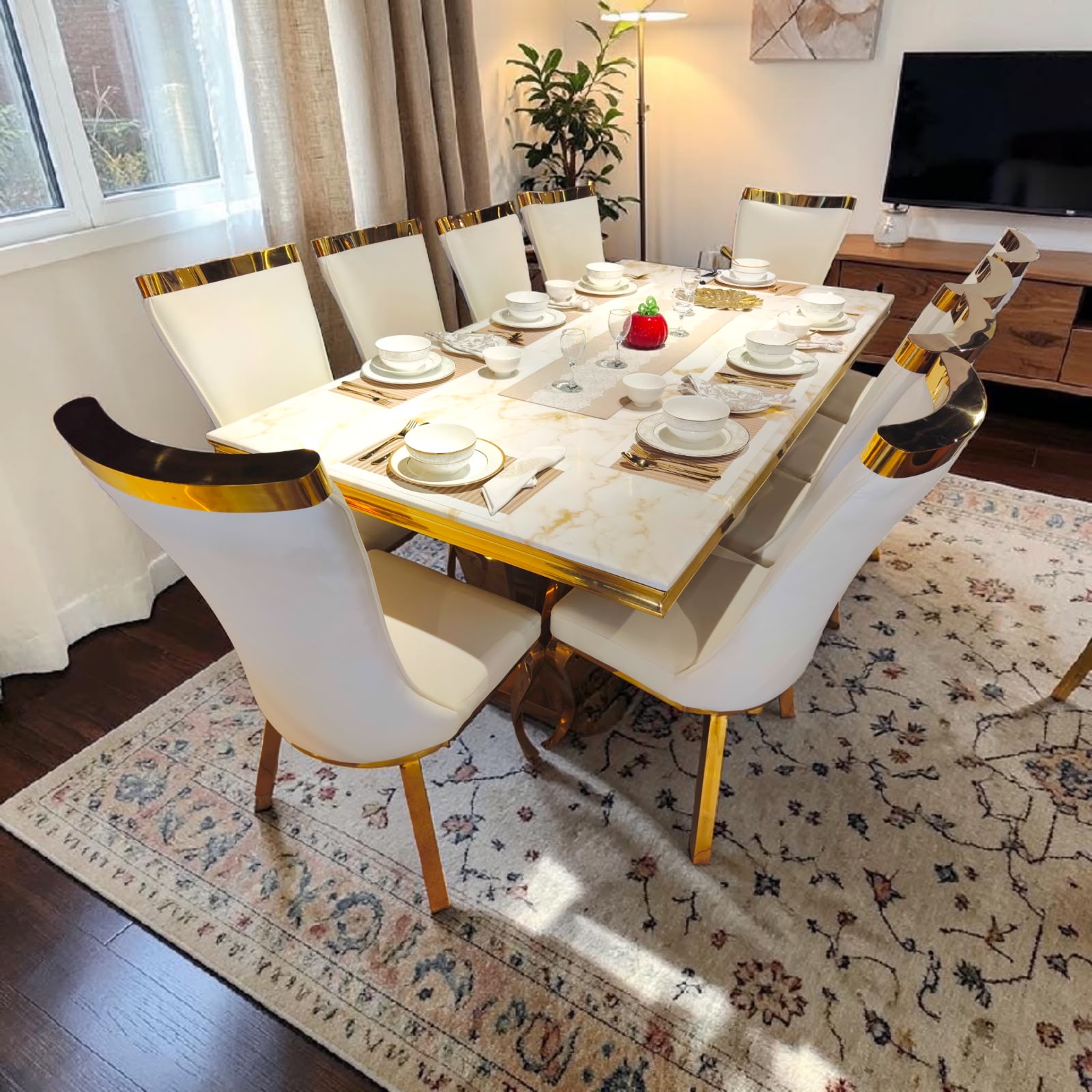 Imperial Marble Dining Set – Gold Luxe Edition with 7 seater