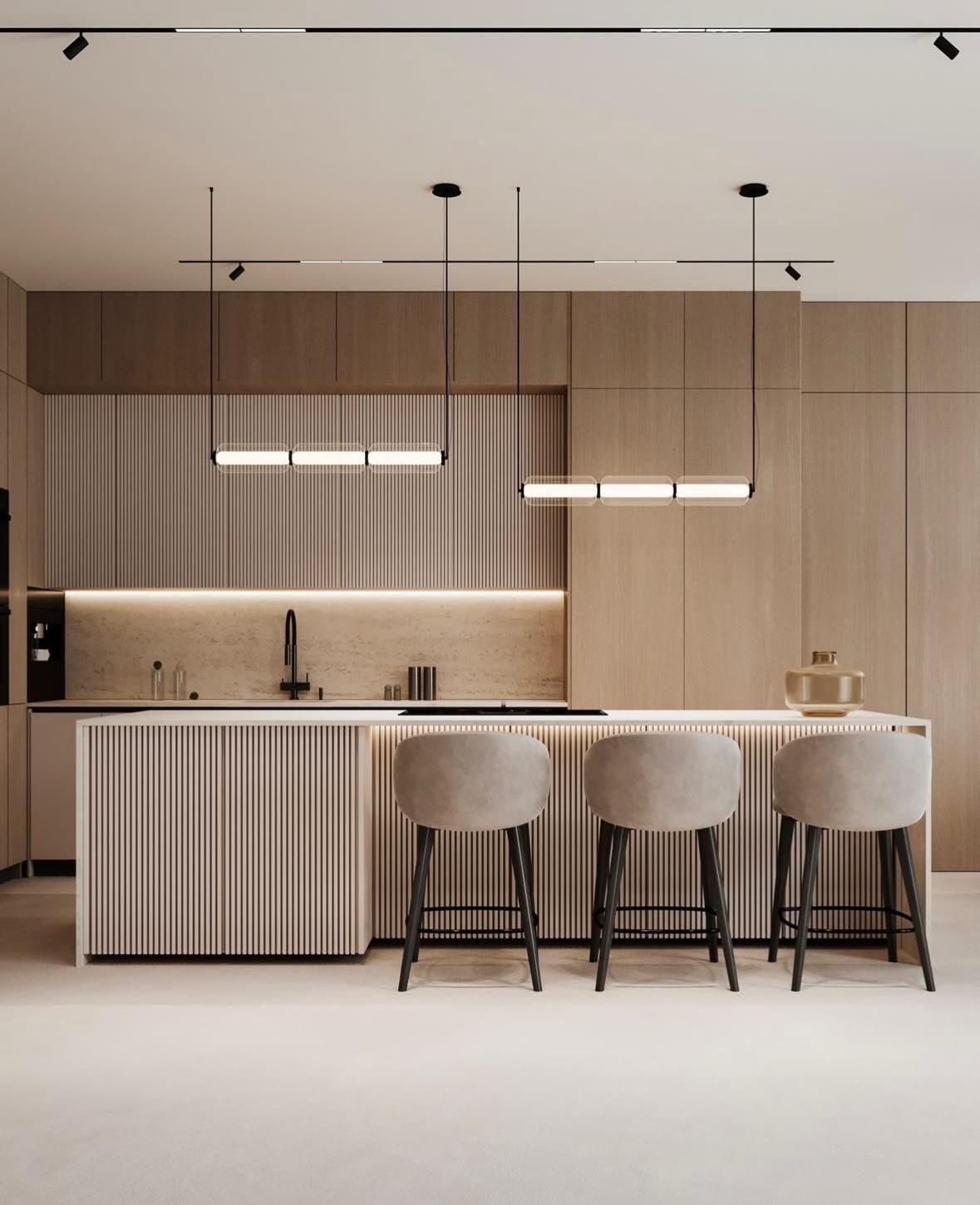 Fluted Wood Kitchen Island & Modern Linear Cabinetry
