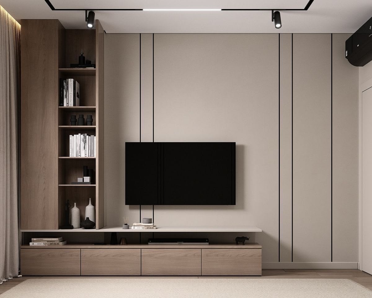 Minimalist Wooden TV Unit & Media Wall with Vertical Accent Grooves & Open Bookshelf