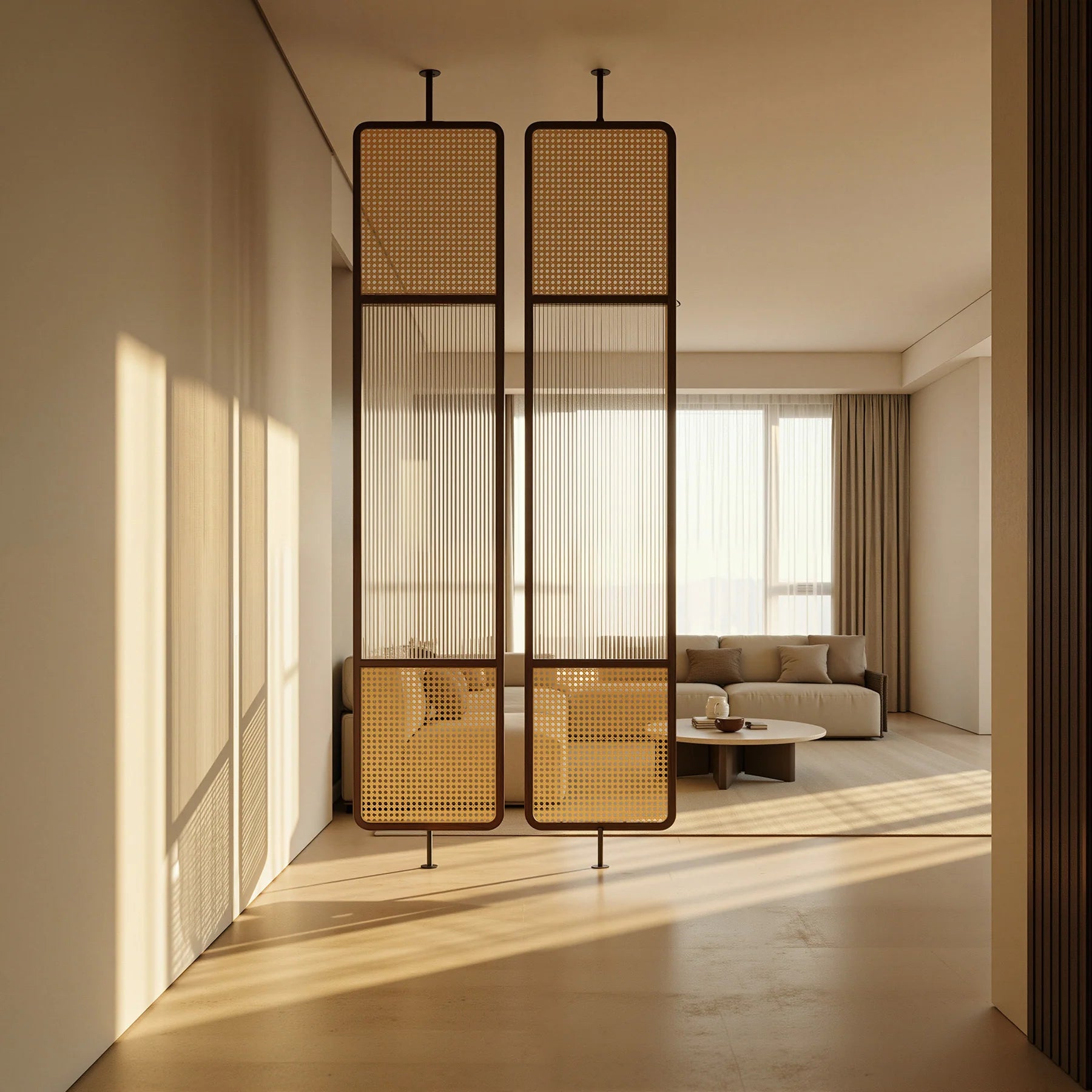 Mesh Fluted Glass Cane Privacy Screen | One Piece Partition