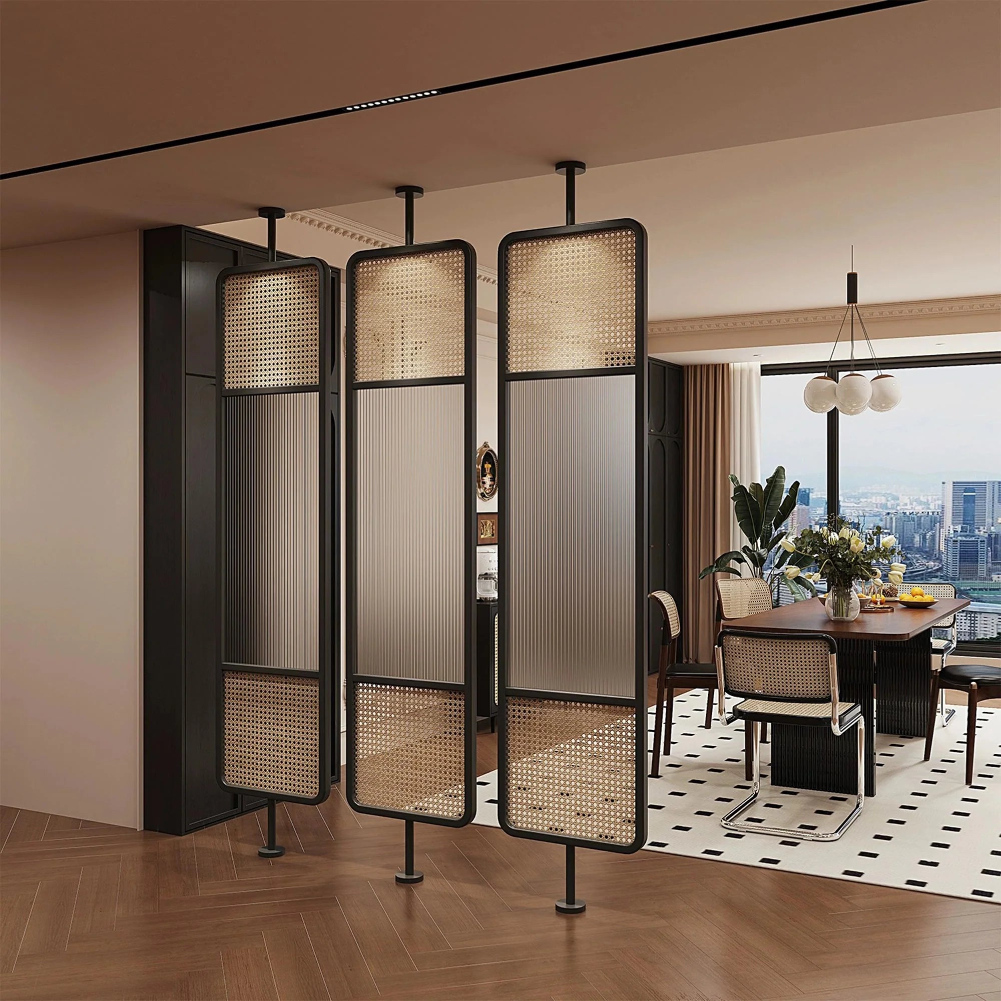 Mesh Fluted Glass Cane Privacy Screen | One Piece Partition