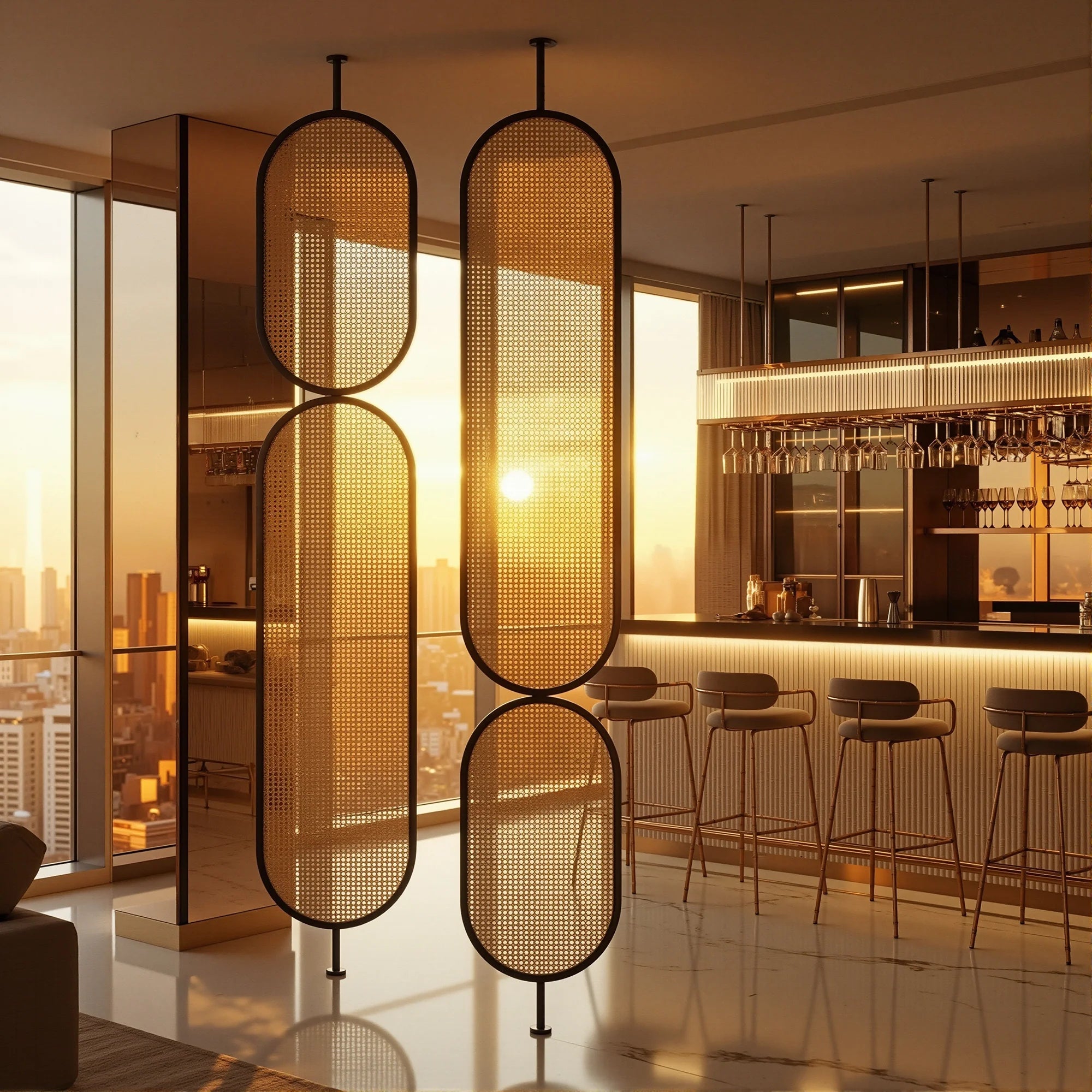 Stainless Steel Frame Rattan Webbing Glass Panel | One Piece Partition