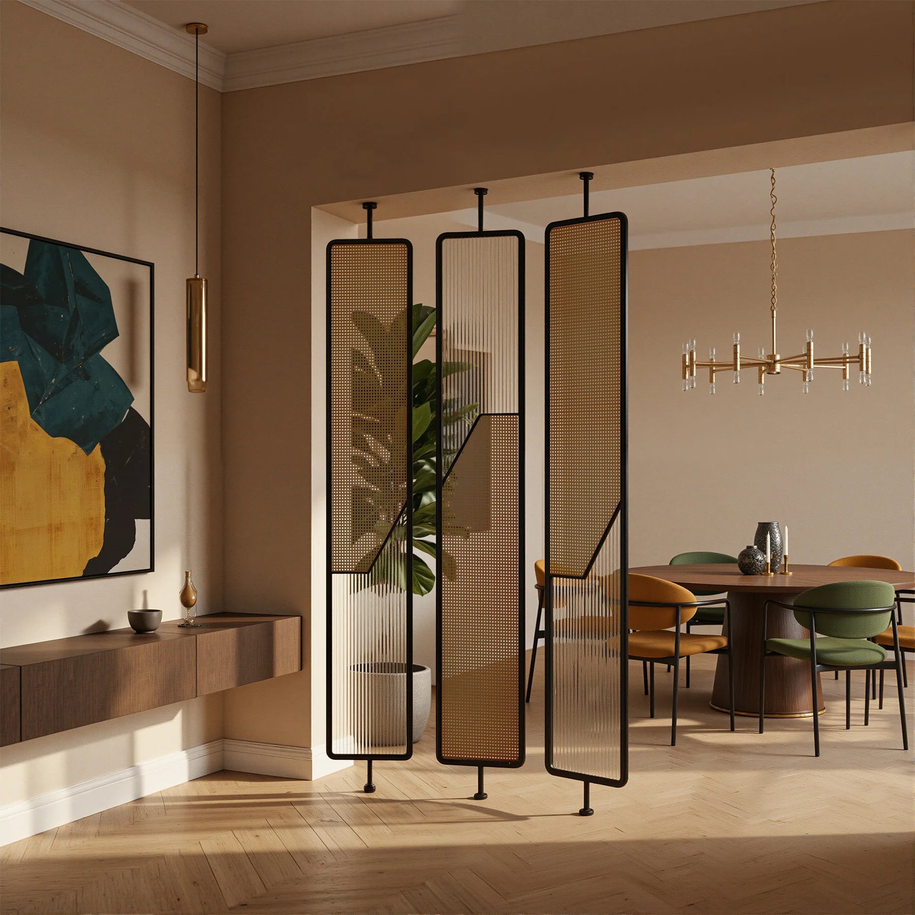 Stainless Steel Frame Rattan Webbing Glass Panel |  One Piece Partition