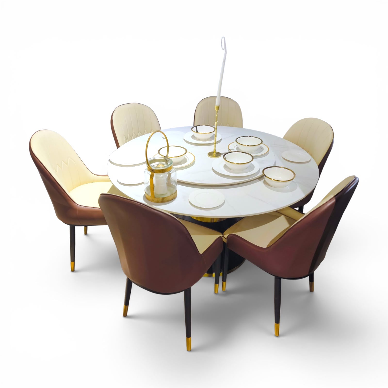 Elegant Round Dining Set – Marble & Gold Harmony with 6 Chairs