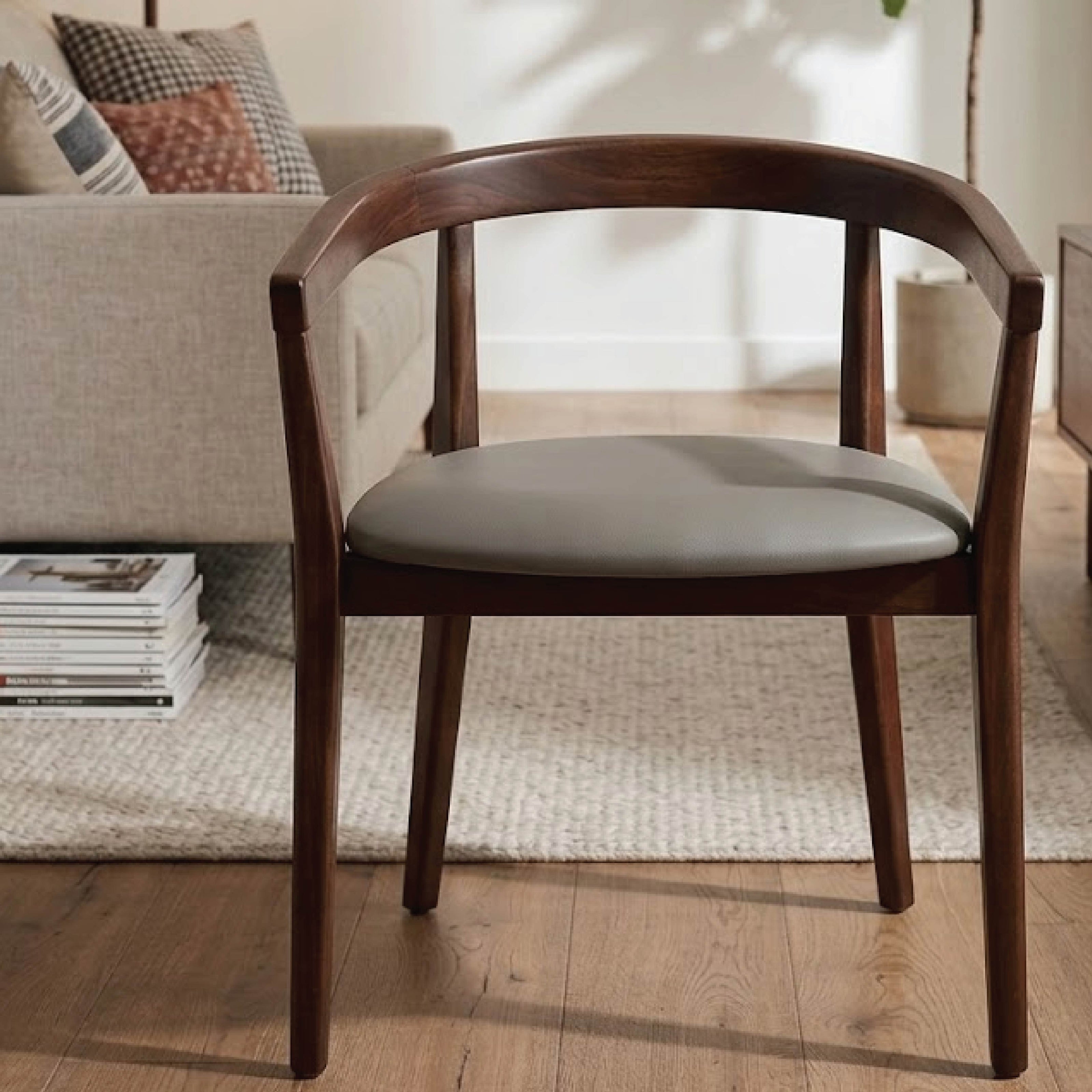 Contemporary Curved Wooden Chair with Grey Upholstered Seat