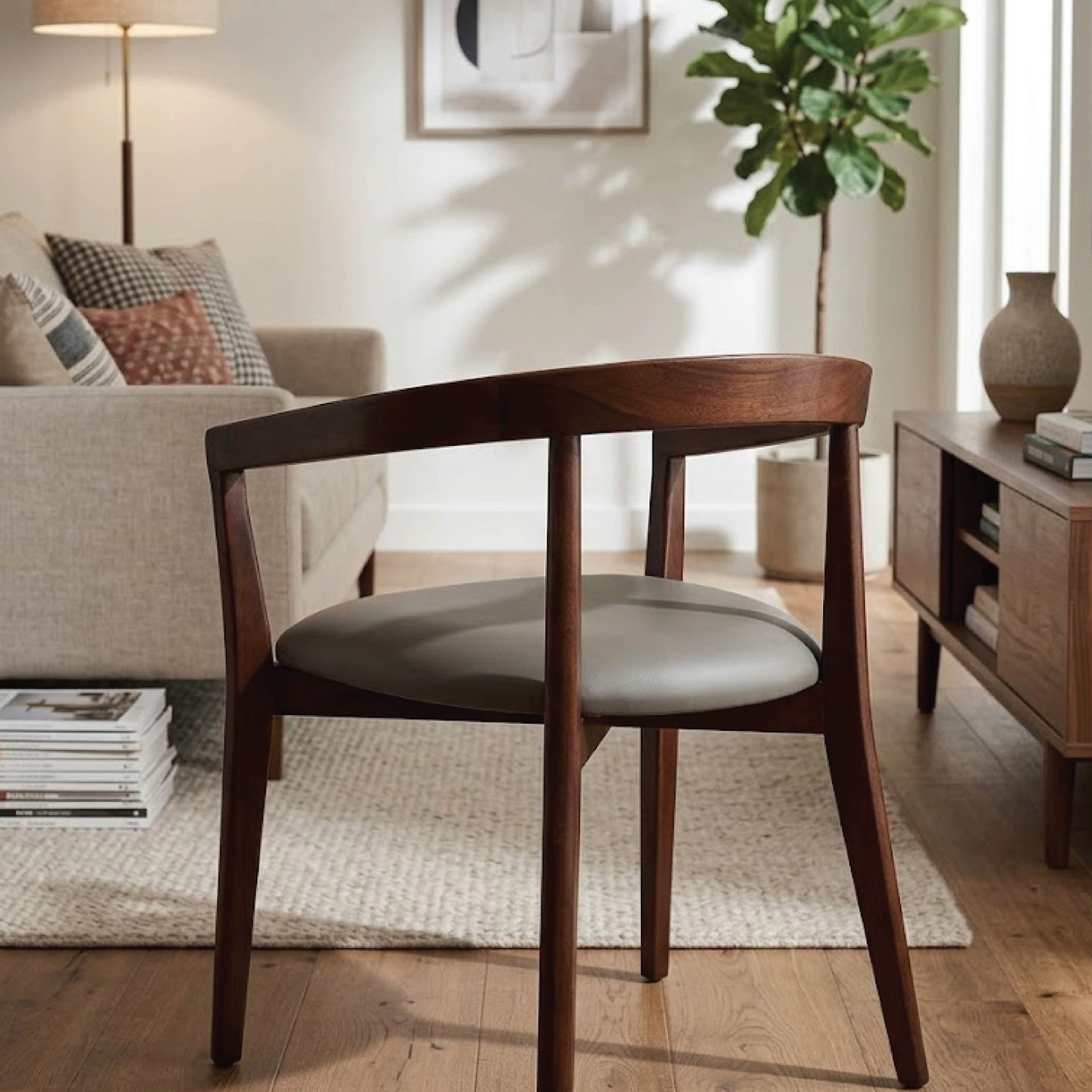Contemporary Curved Wooden Chair with Grey Upholstered Seat