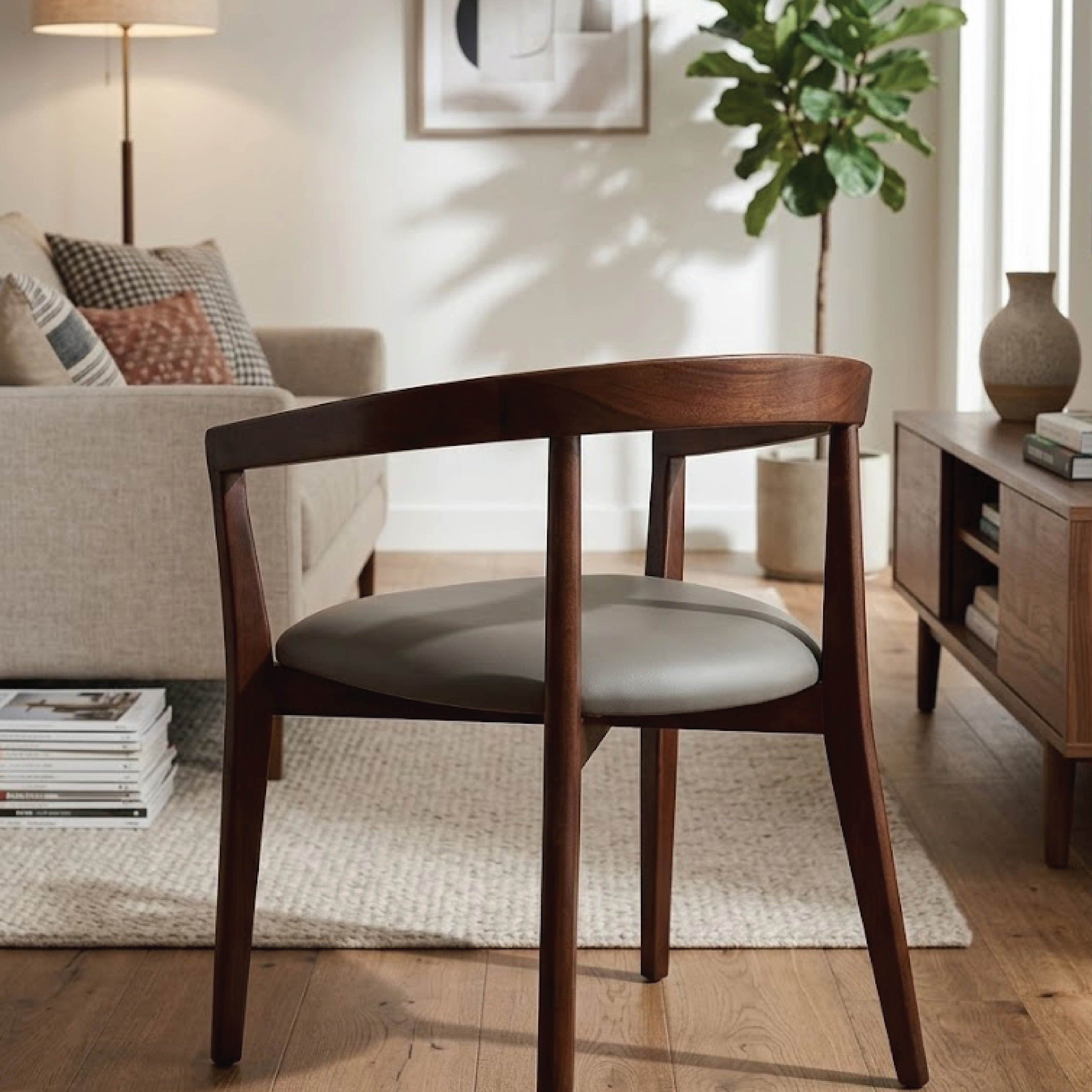 Contemporary Curved Wooden Chair with Grey Upholstered Seat