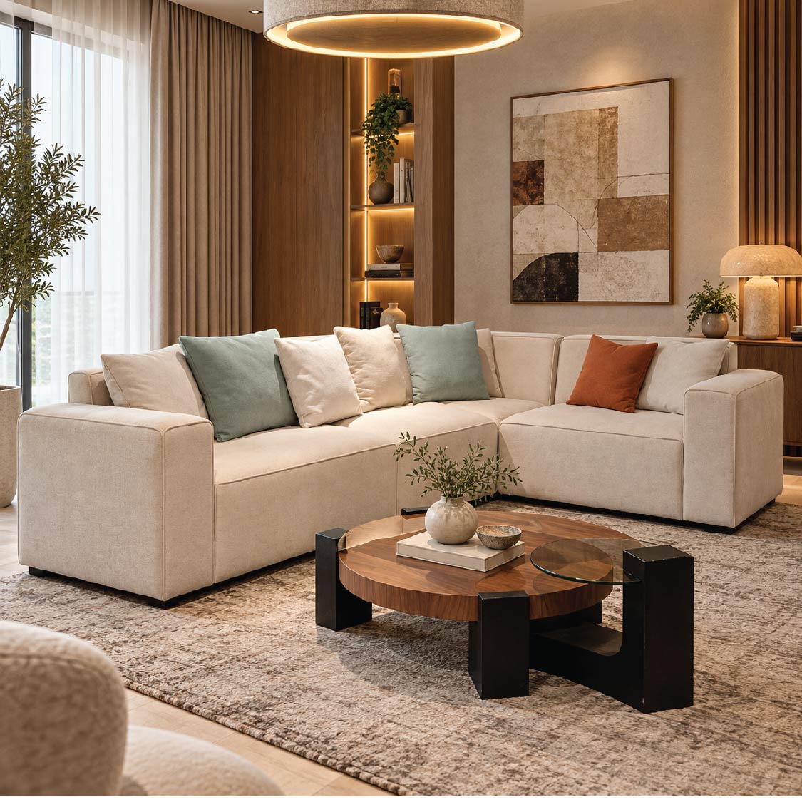 Contemporary Beige Fabric L-Shape Sectional Sofa – Deep Seat Corner Lounge