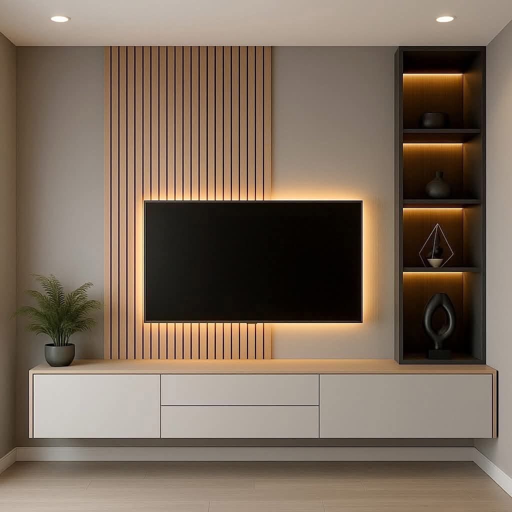 Fluted Wood TV Unit & Floating Media Console with Illuminated Display Tower