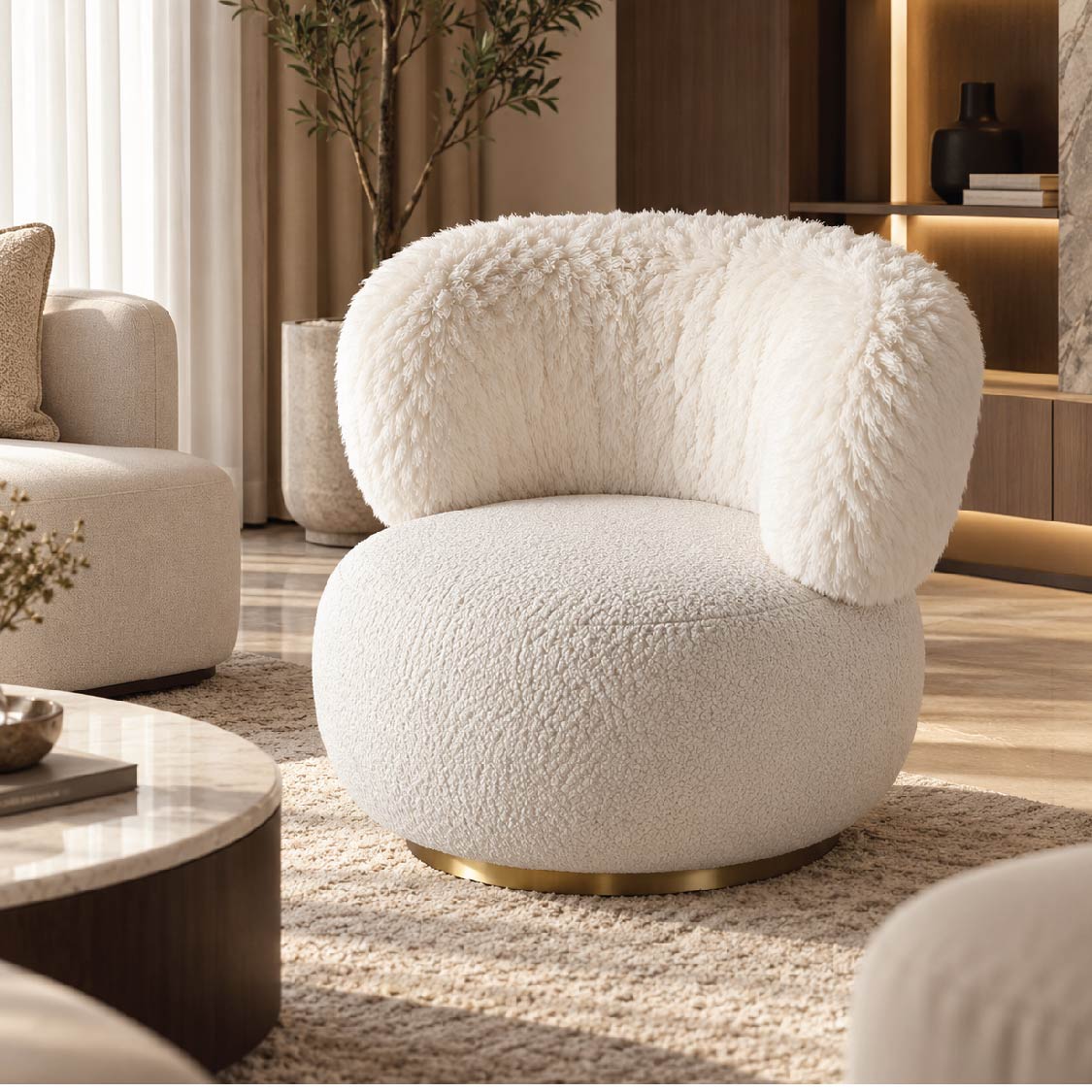 Coryat Plush Bouclé Barrel Accent Chair – Off-White & Gold Base