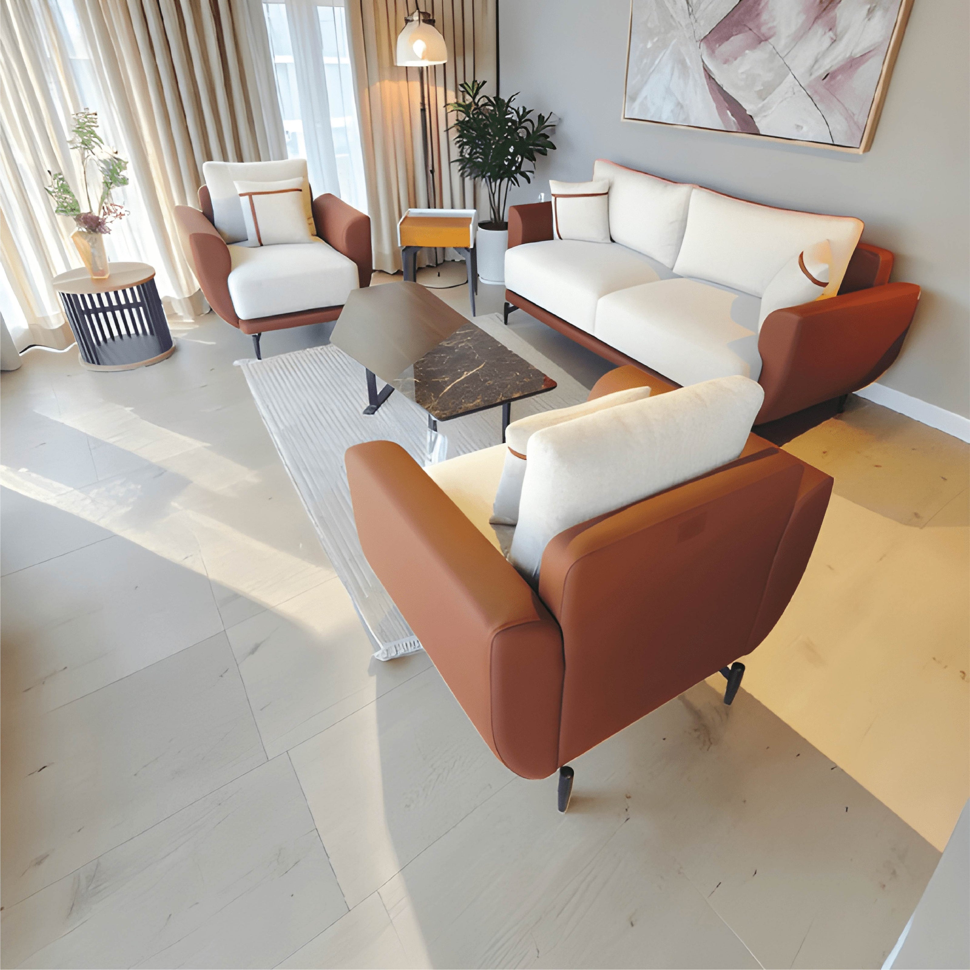 Modern 3 + 1 + 1 Sofa Set in White Fabric and Artifical Leather