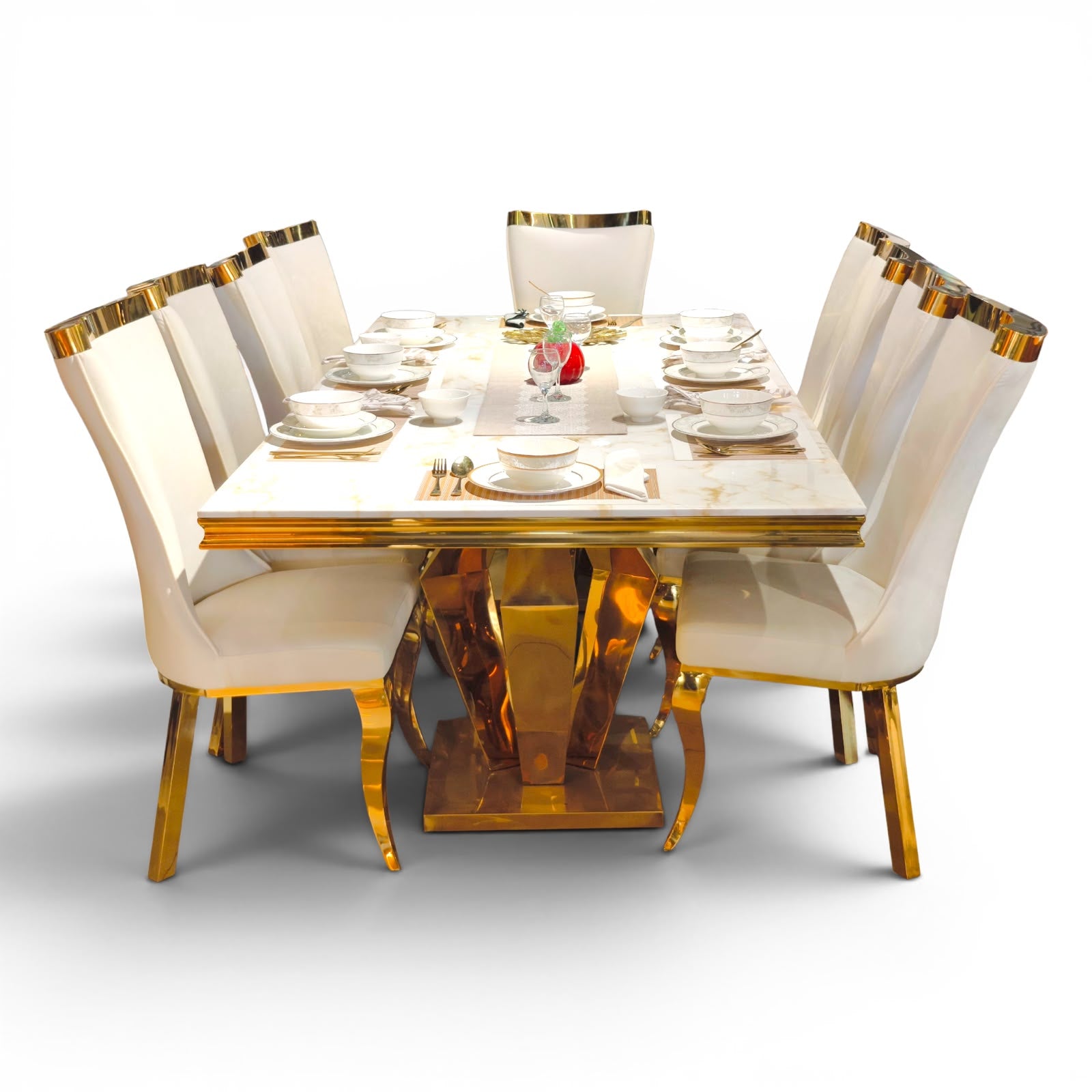 Imperial Marble Dining Set – Gold Luxe Edition with 7 seater