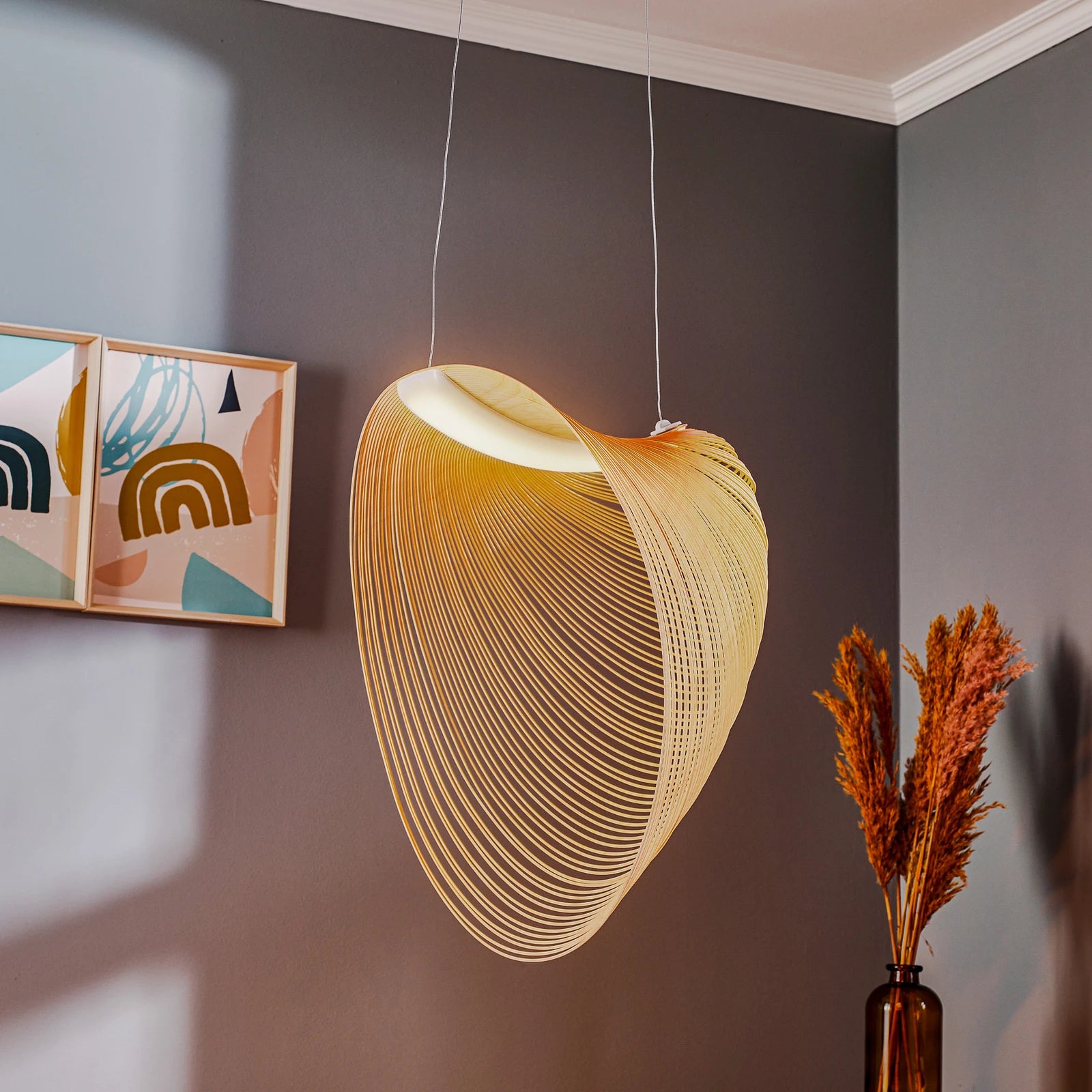 Wave‑Form Wooden Pendant Light