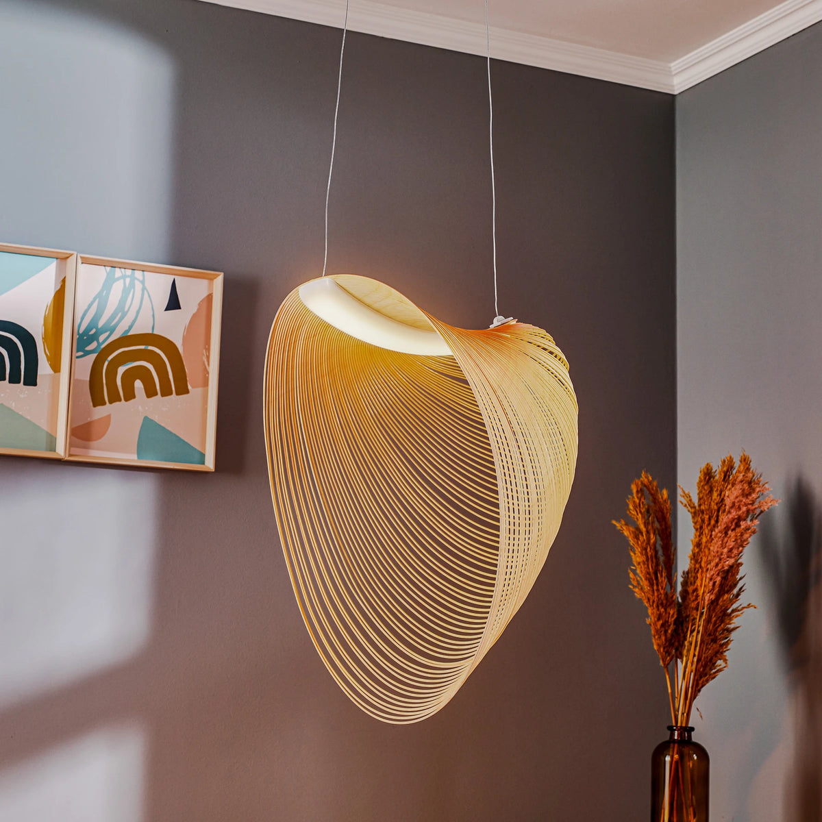 Wave‑Form Wooden Pendant Light