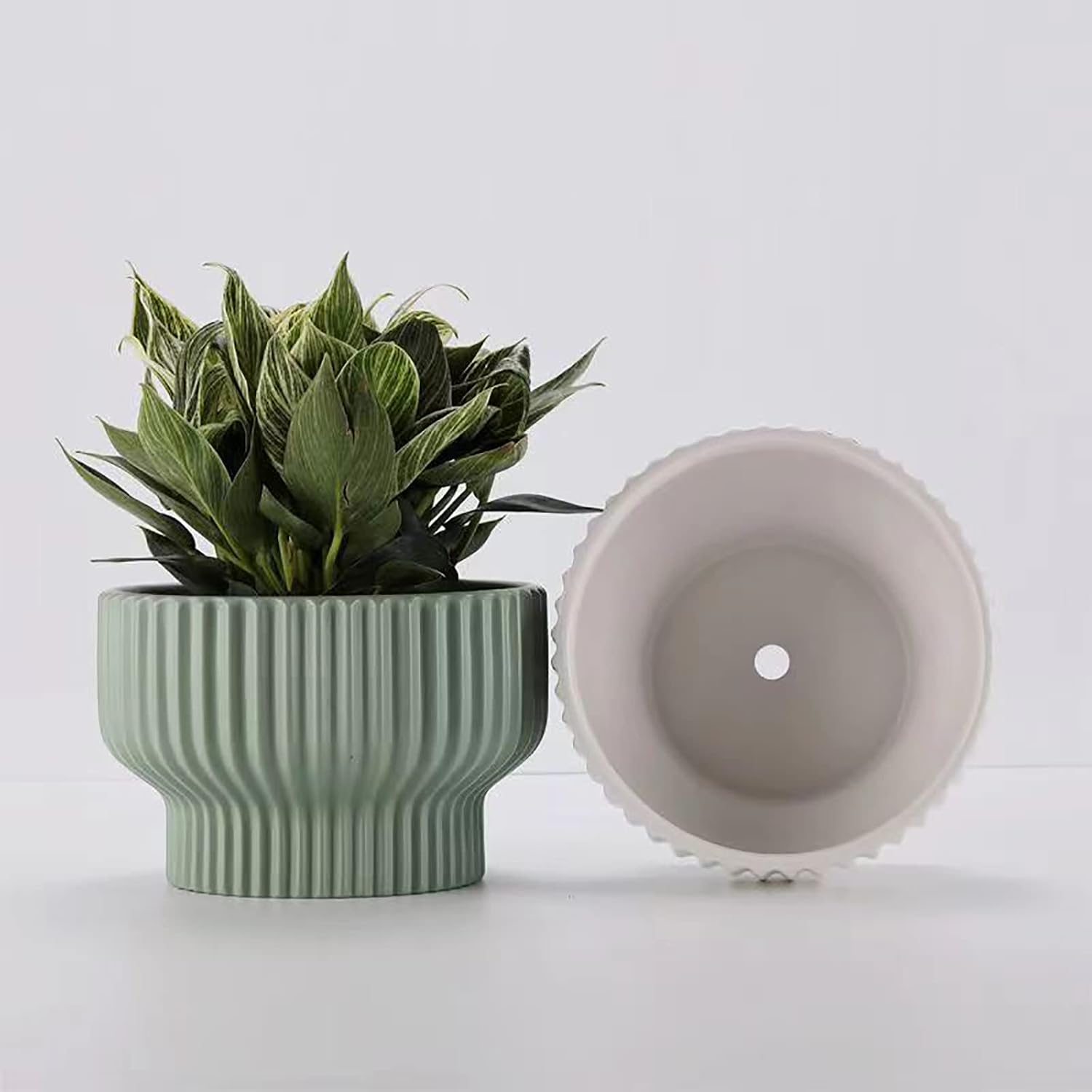 Modern Sage Green Fluted Ceramic Planter | Pedestal Raised Plant Pot Grey