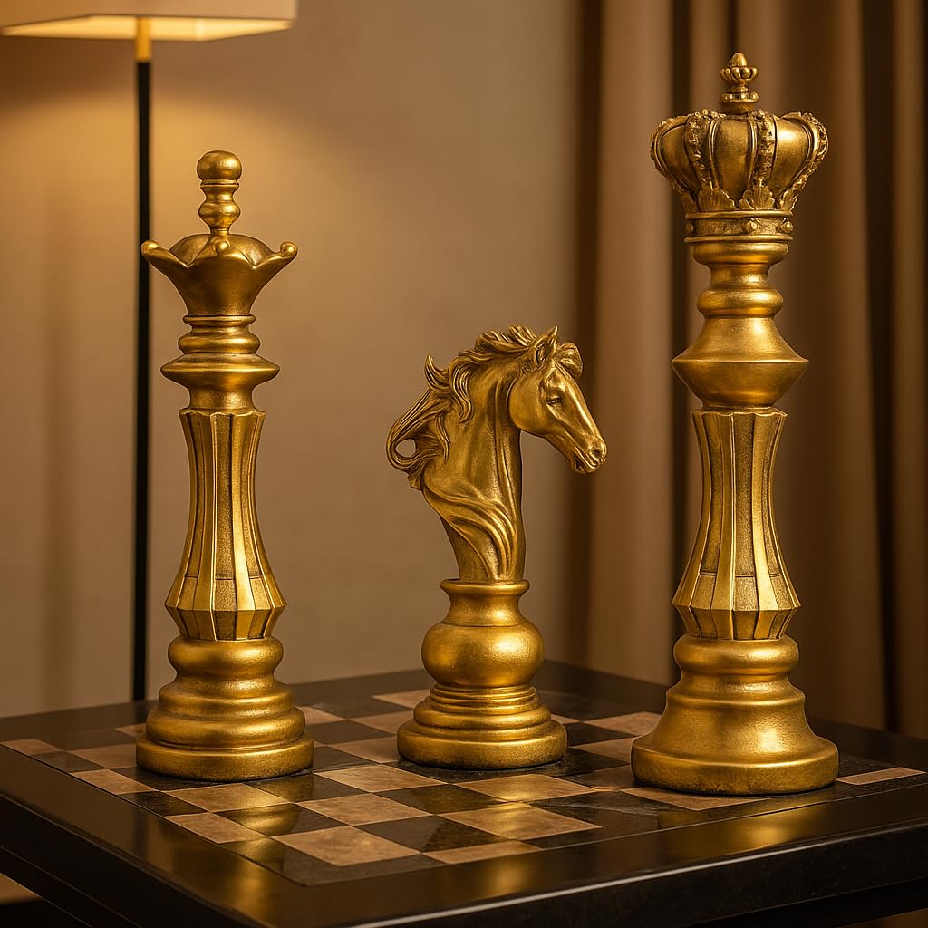 Luxury Antique Gold Chess Piece Decor Set (King, Queen, Knight)