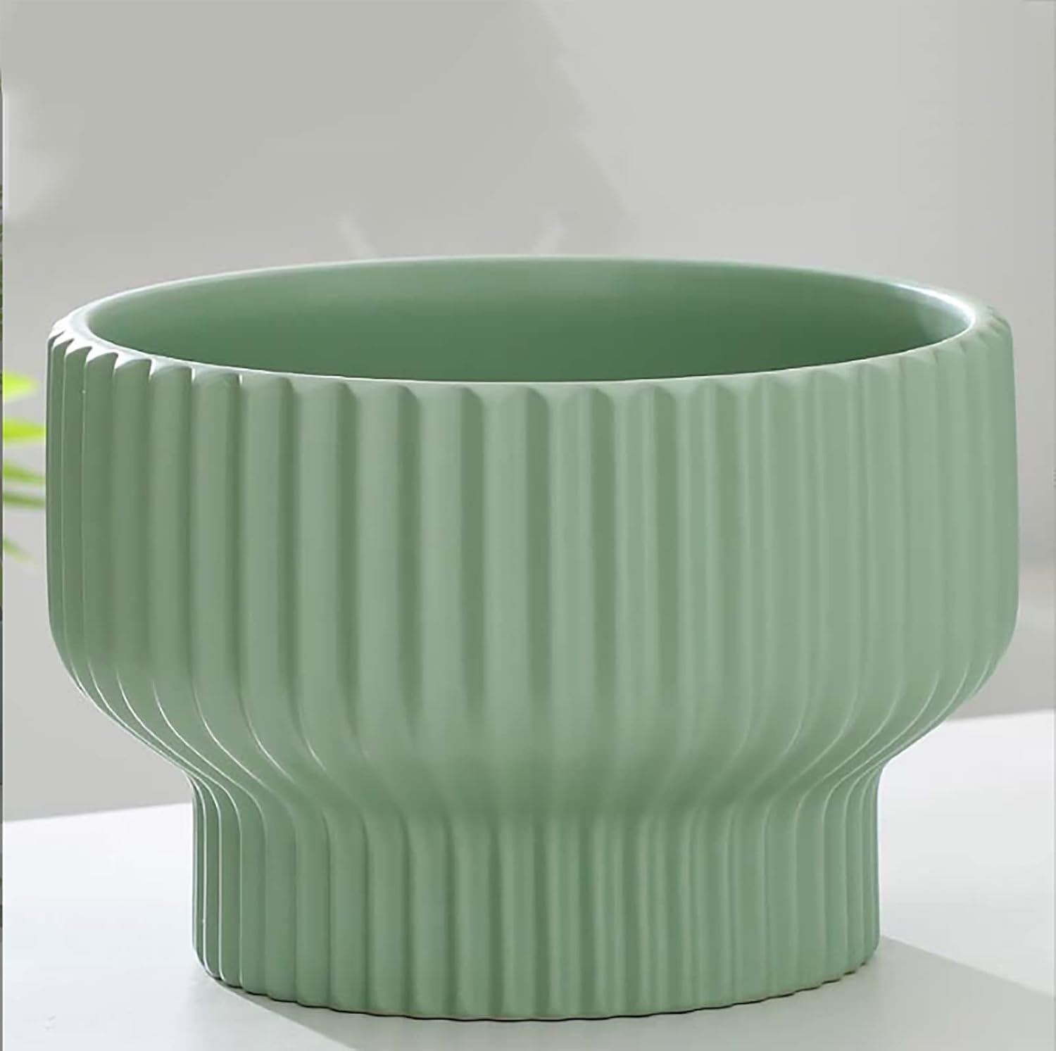 Modern Sage Green Fluted Ceramic Planter | Pedestal Raised Plant Pot Grey