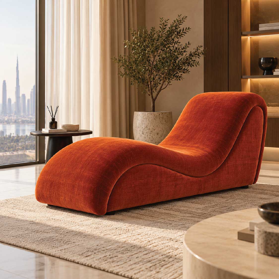 Ergonomic Curved Velvet Chaise Lounge in Rust Orange
