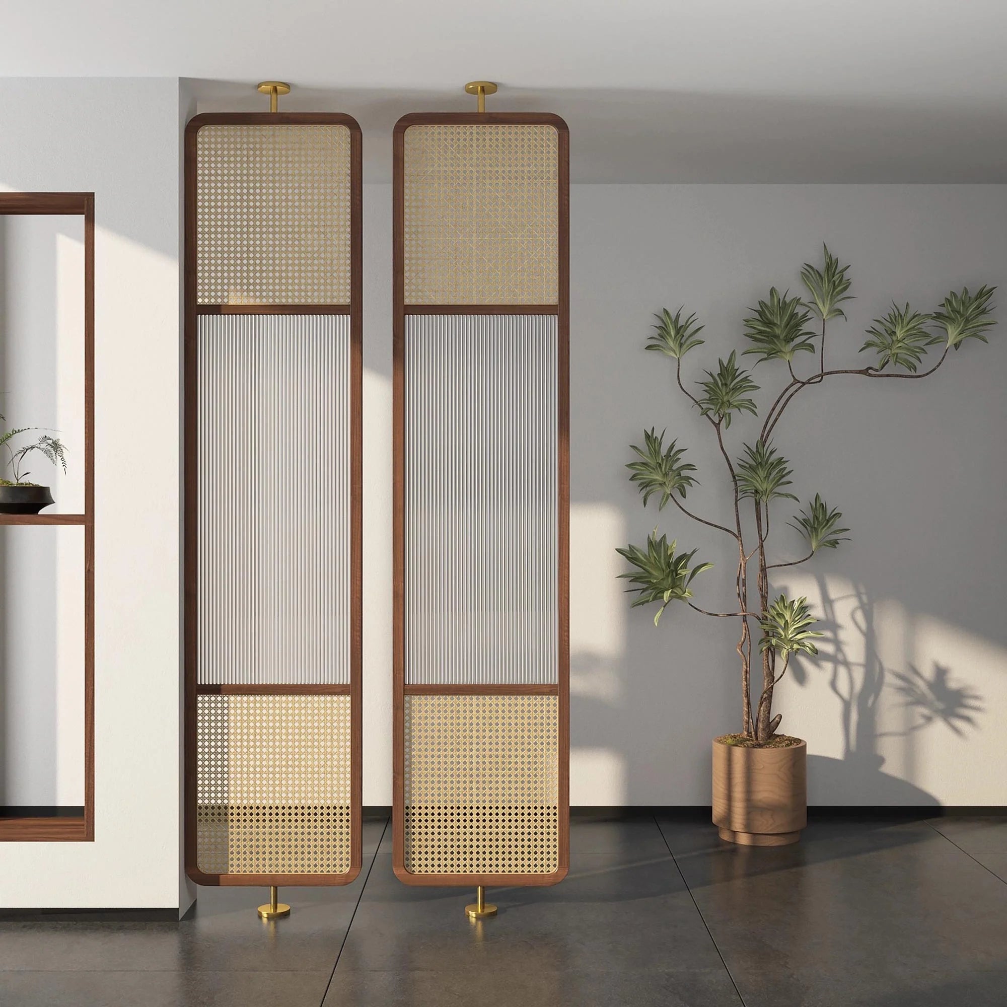 Mesh Fluted Glass Cane Privacy Screen | One Piece Partition