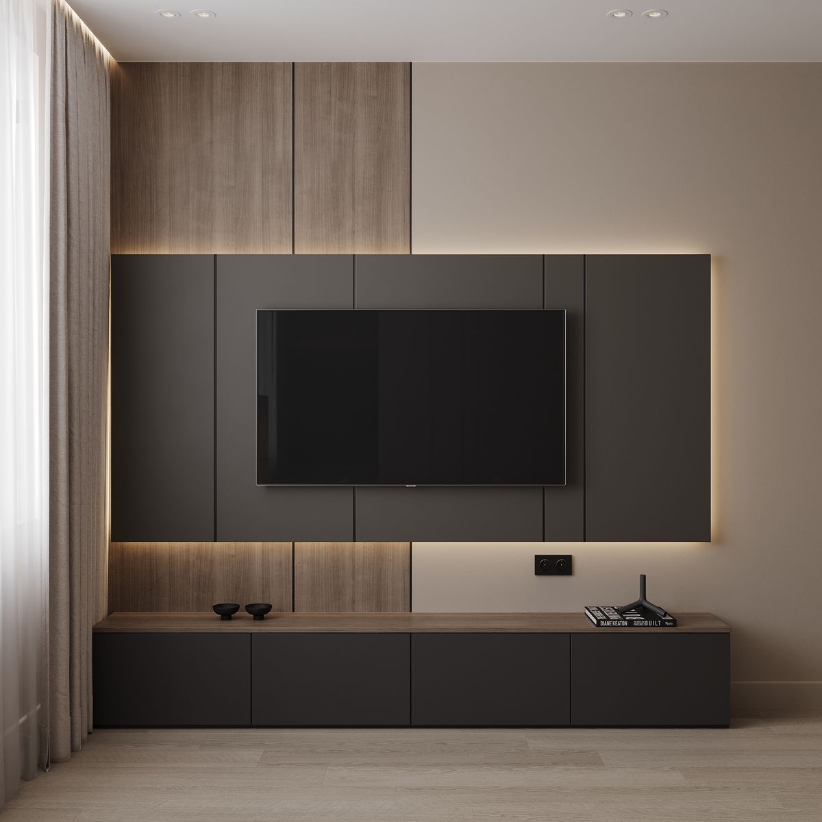 Contemporary Panel TV Unit & Floating Media Console with LED Backlighting