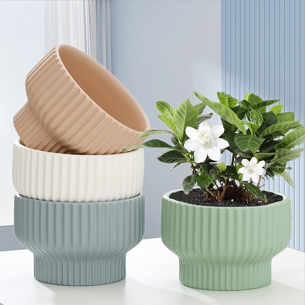 Modern Sage Green Fluted Ceramic Planter | Pedestal Raised Plant Pot Grey