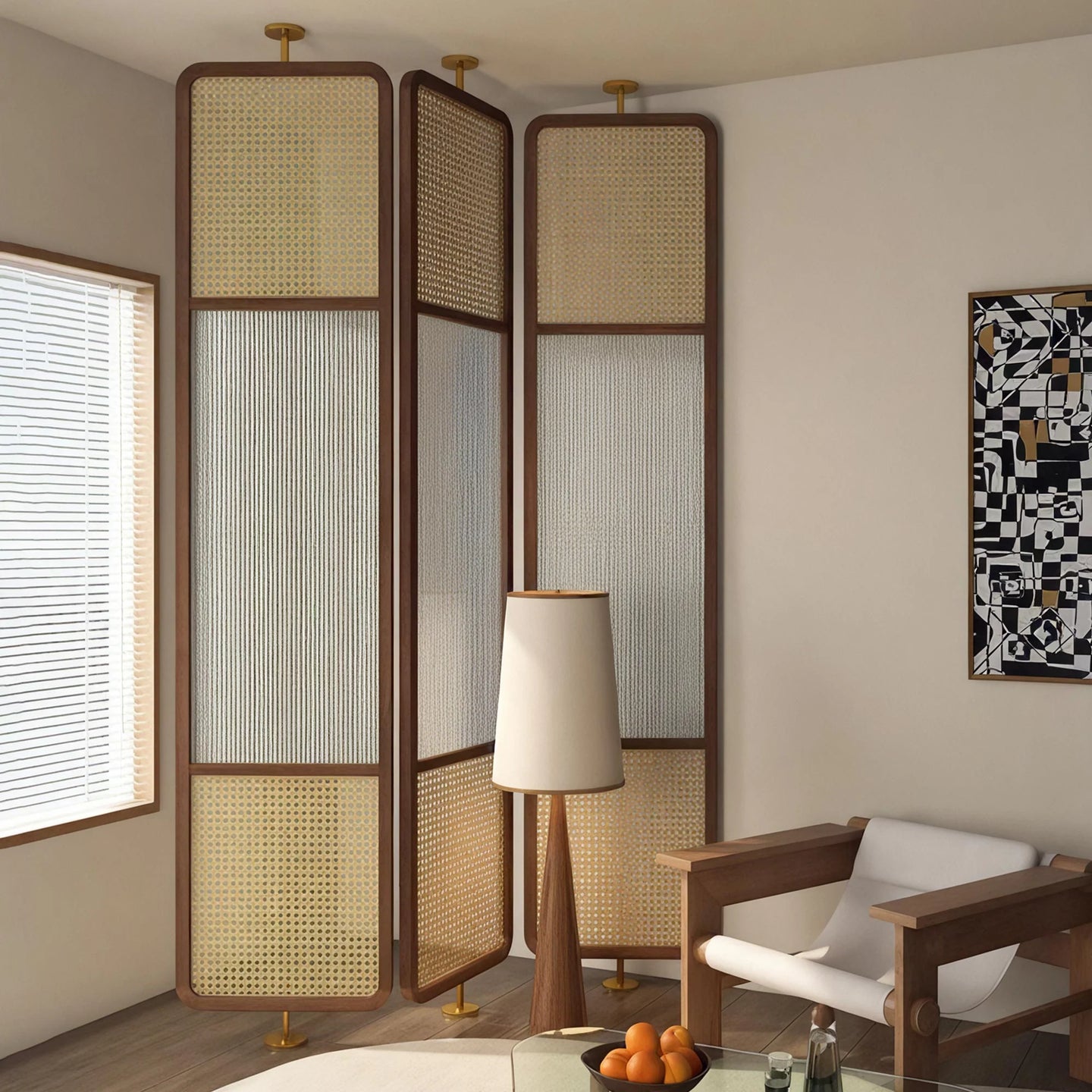 Mesh Fluted Glass Cane Privacy Screen | One Piece Partition
